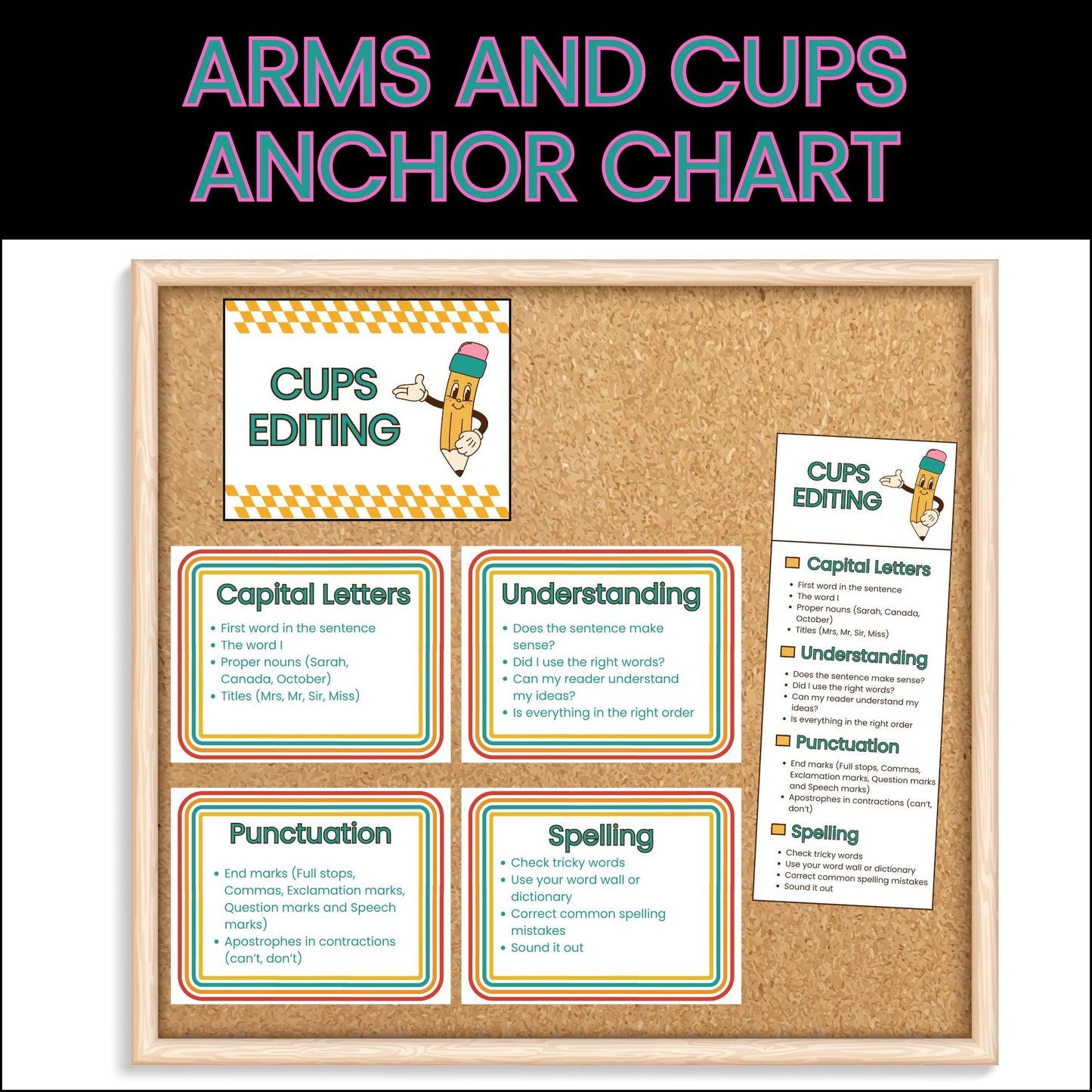 CUPS and ARMS Editing & Revising Posters and Bookmarks | Writing Process Printables for Kids | CUPS and ARMS Anchor Chart