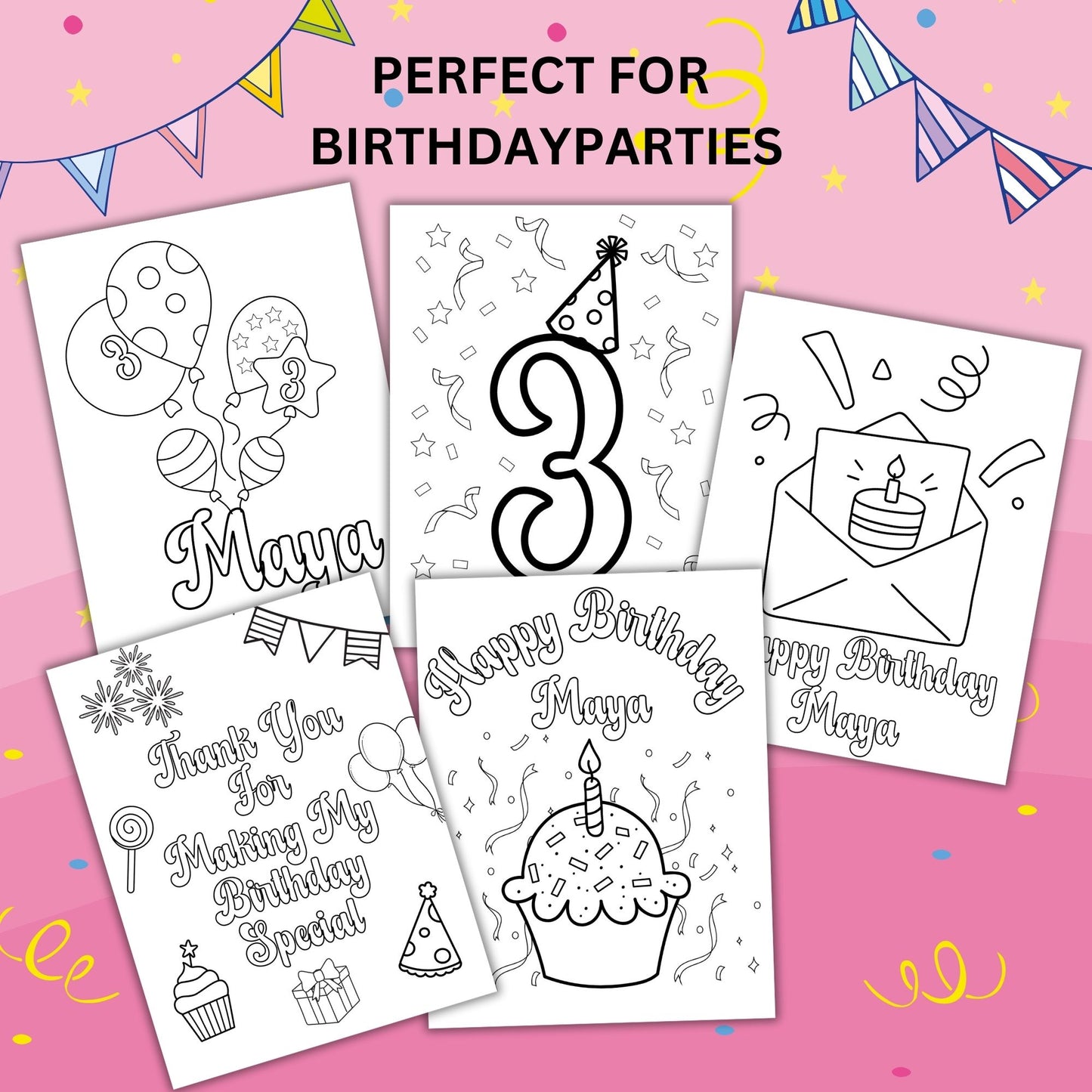 Customizable Birthday Coloring Pages for Kids | Personalized Party Activity Set of 9 | Cute Birthday Coloring Sheets for Kids' Parties