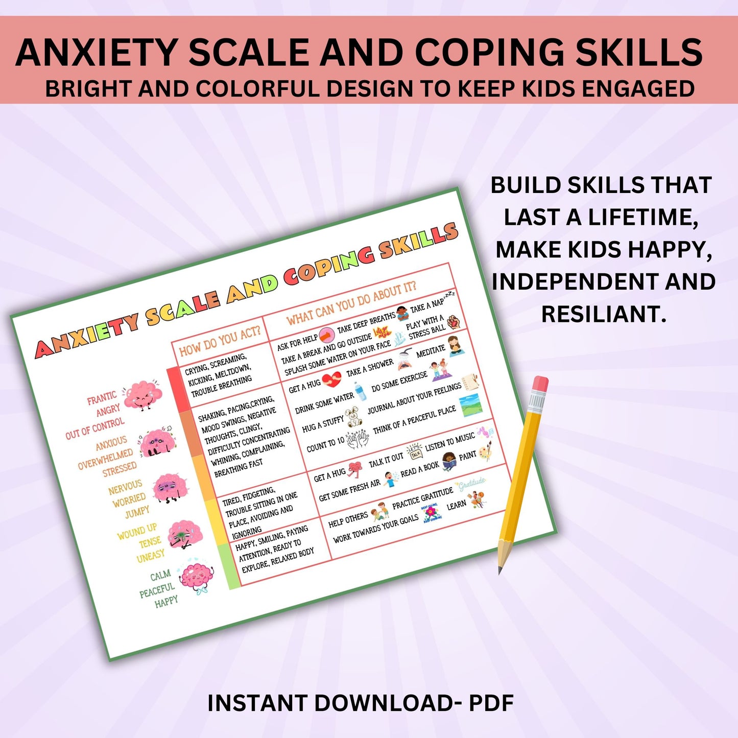 Anxiety Coping Skills for Kids and Teens - Stress Relief Printable, Grounding Techniques, Anxious Feelings Scale, Therapy & Mental Health Activities for Children