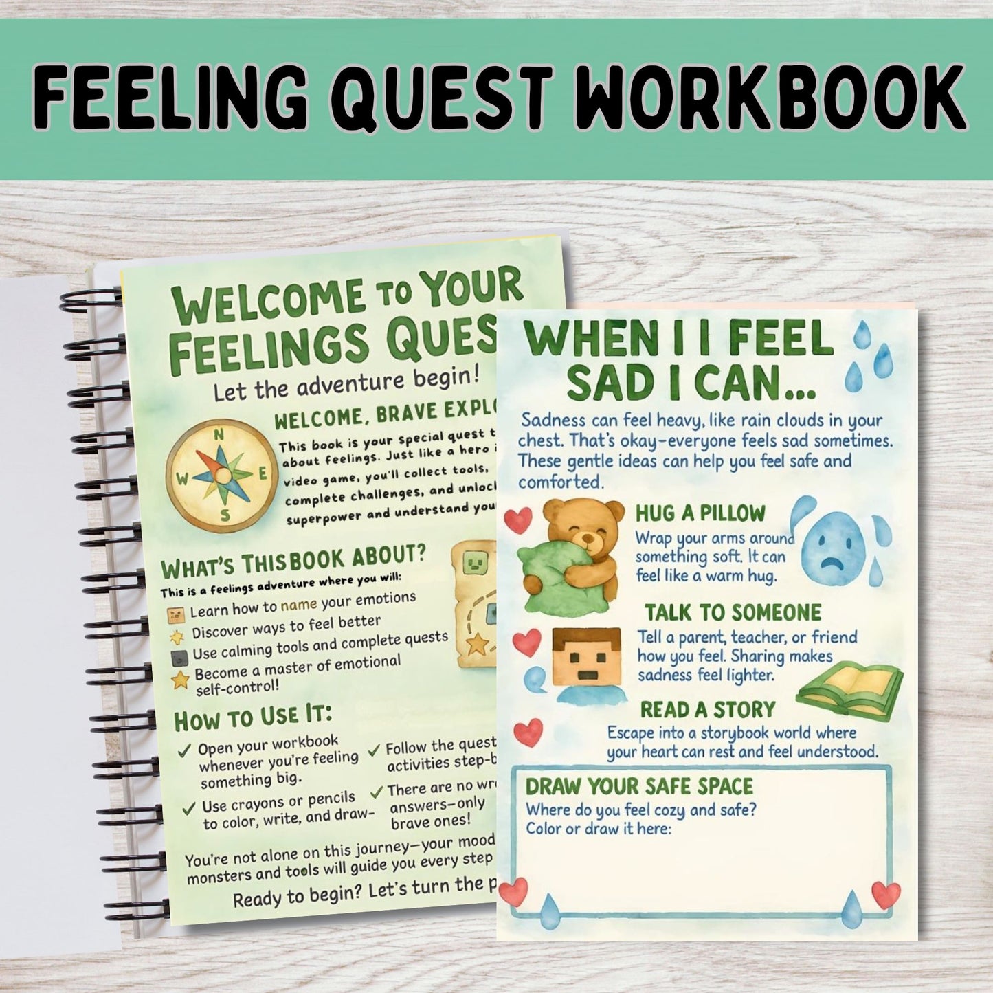 Feeling Quest SEL Workbook for Kids | Emotional Regulation, Mood Monsters, Feelings Chart, Coping Skills, Calm Down Activities & Social Emotional Learning Printables