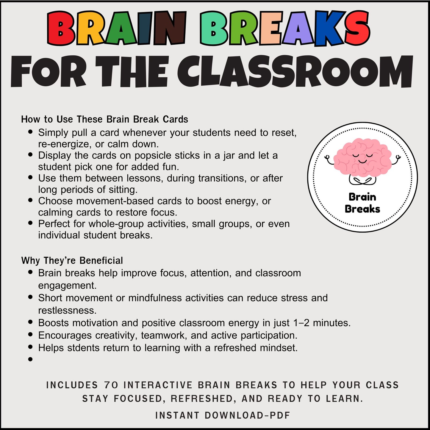 70 Brain Break Cards for Kids | Printable Classroom Movement, Focus, Calm, and Activity Breaks for Teachers and Homeschool