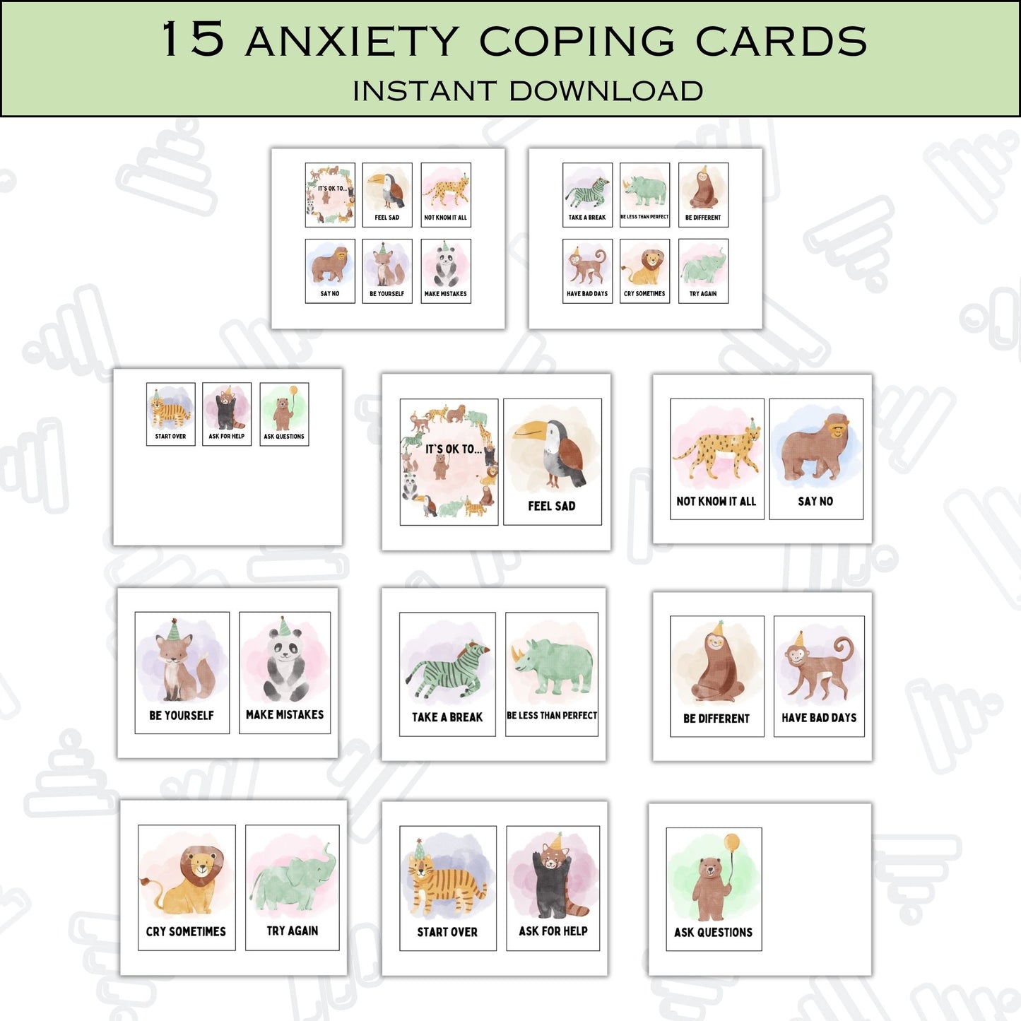 Anxiety coping cards Kids coping skills social emotional regulation therapy resources therapy tools school psychologist Kids Affirmation