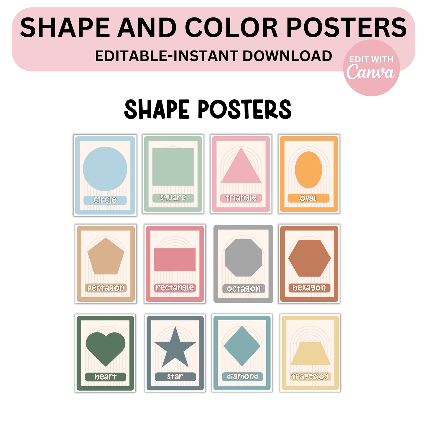 Classroom Shapes and Colors Printable Display | Editable Modern Boho Bulletin Board Decor | Canva Teacher Templates + PDFs