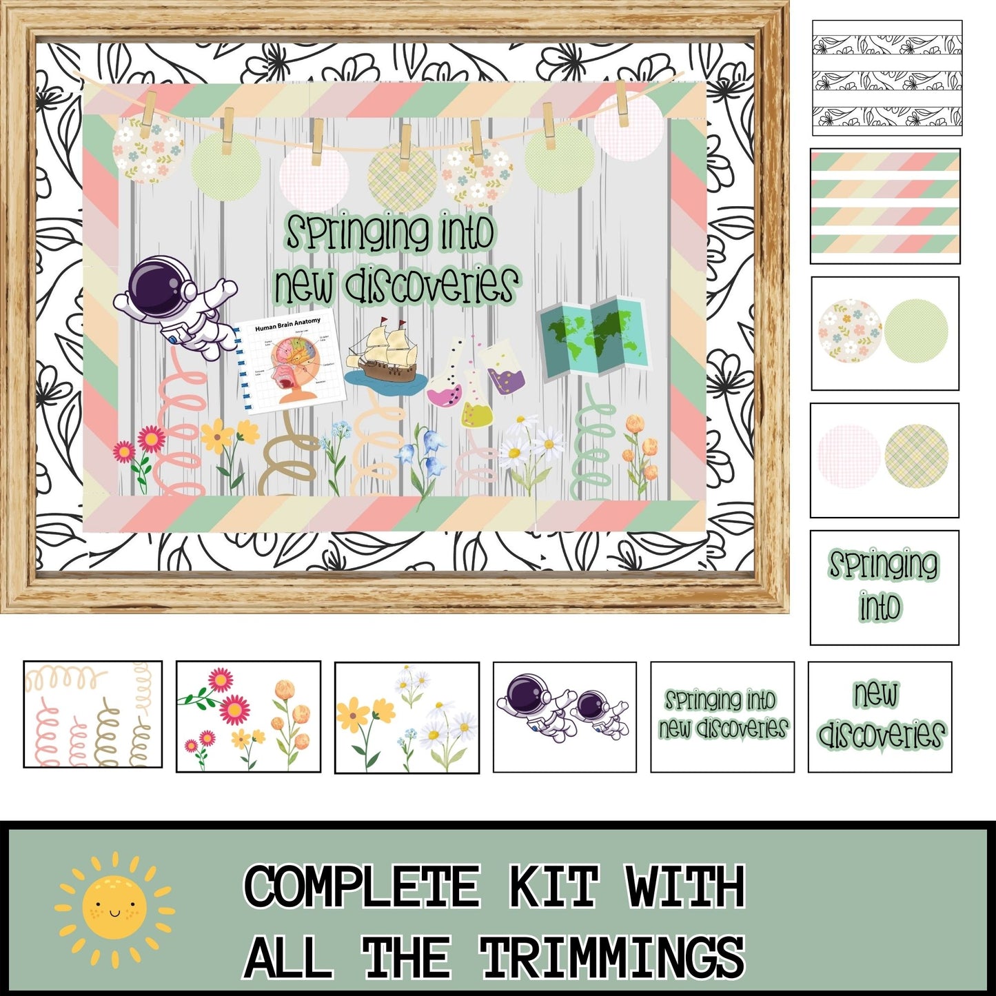 Spring Bulletin Board Kit | Springing into Discoveries | Borders, Bunting & Flowers Classroom & Door Decor for Spring Learning