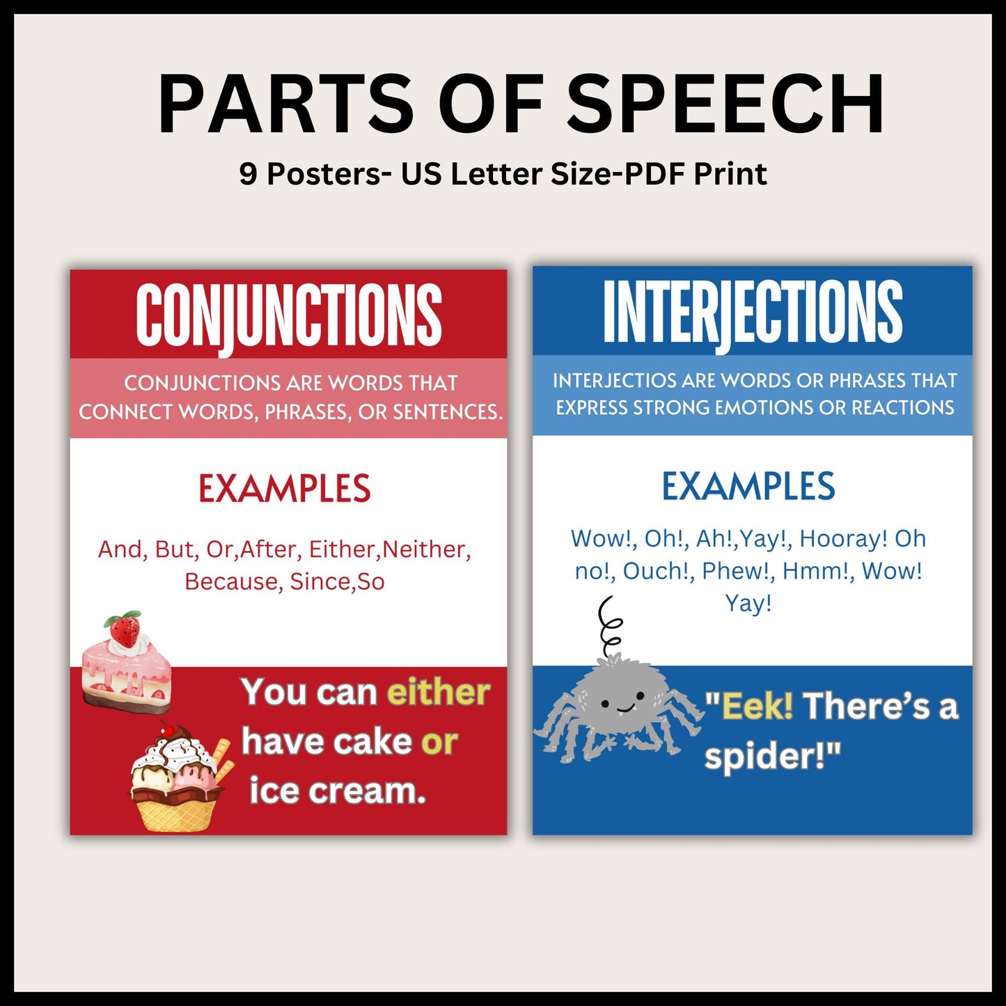 English Posters Bundle Parts of Speech Posters Bulletin Board Bright Retro Color Posters Bundle English Classroom Posters Classroom Decor