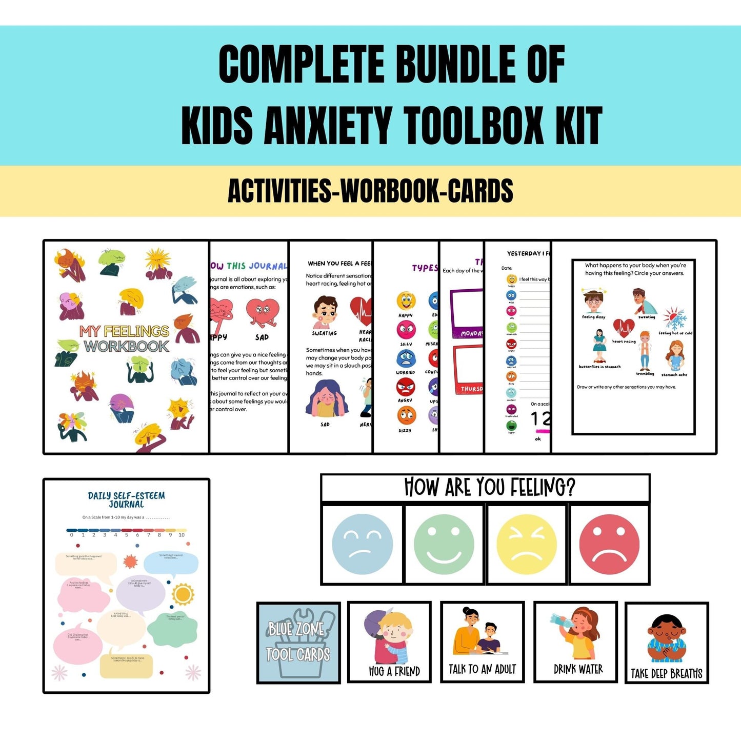 Kids Anxiety Toolkit Bundle – Printable CBT Worksheets & Coping Skills Activities Bundle Calm Down Strategies Anxiety Therapy Techniques Grounding Strategies Anxiety Worksheets Feelings Journal