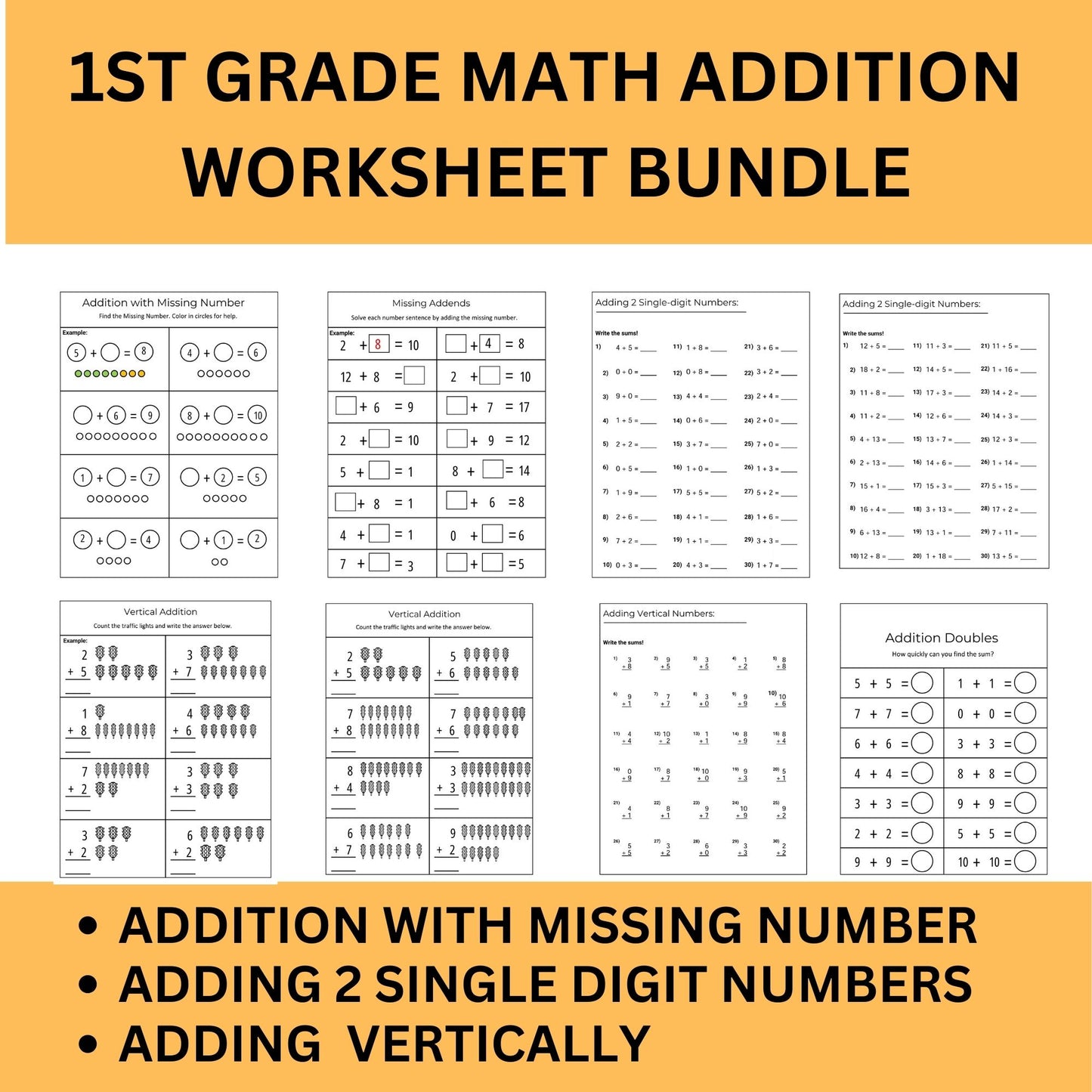 1st Grade Math Worksheets - Addition Practice | Kindergarten & Grade 1 Math Printable PDF | Instant Download