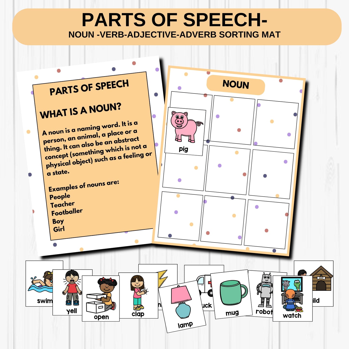 Parts of Speech Printable Grammar Game – Fun Language Arts Activity for Kids | Teach Nouns, Verbs, Adjectives & Adverbs | Early Reading & ESL Resource