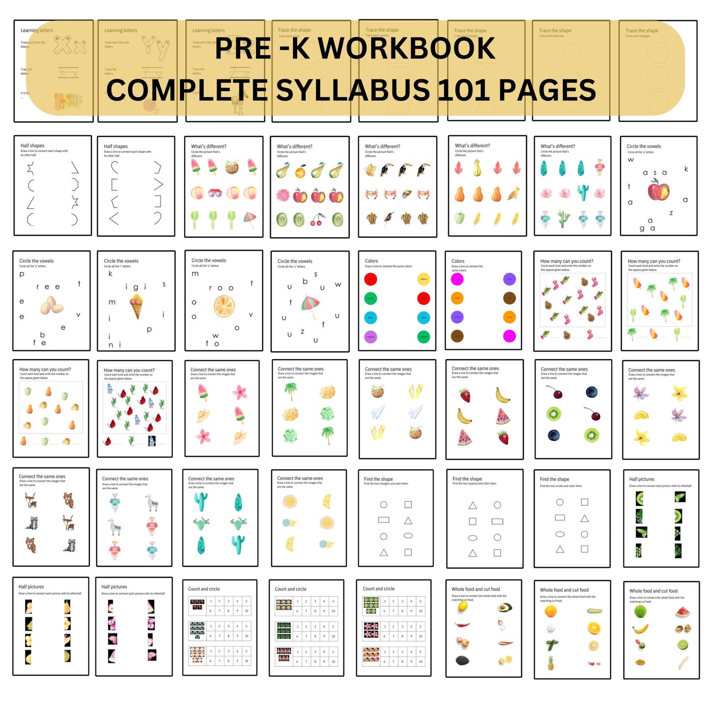 Preschool Pre-K + Kindergarten Learning Bundle Printable Activity Worksheets Coloring Tracing Alphabet Numbers Shapes complete curriculum