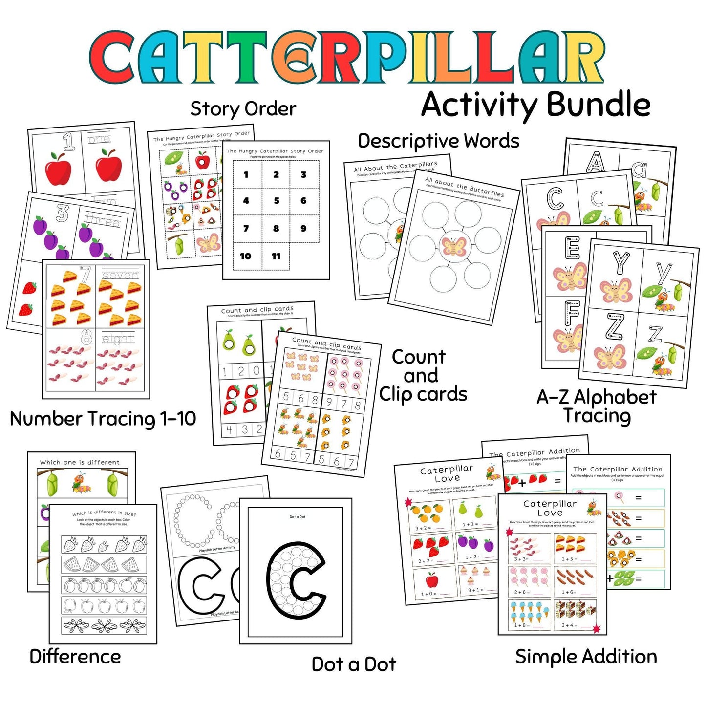 Caterpillar Theme Learning Pack for Preschool & Kindergarten | Printable Literacy & Math Activities | Very Hungry Caterpillar Worksheets