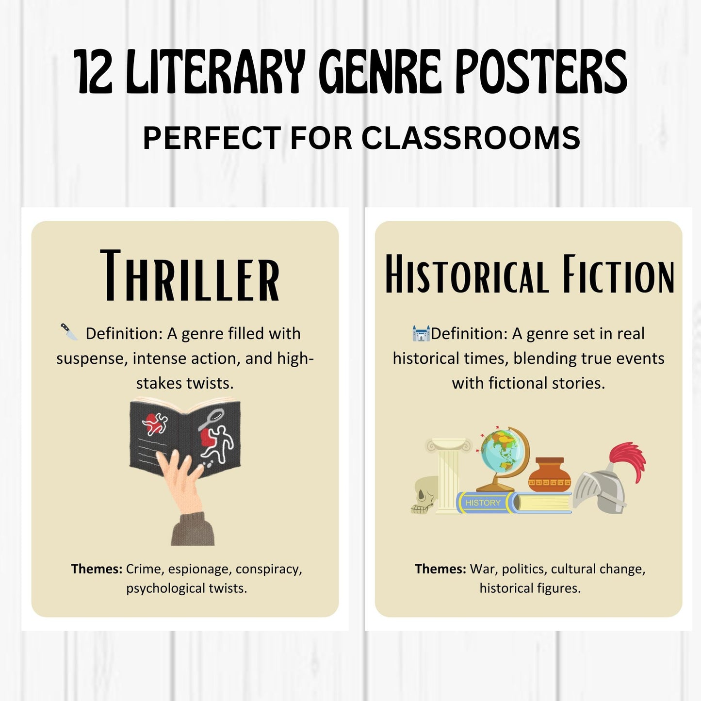 Literary Genres Poster Bundle for Classroom and Library | 12 Genre Posters with Definitions and Themes