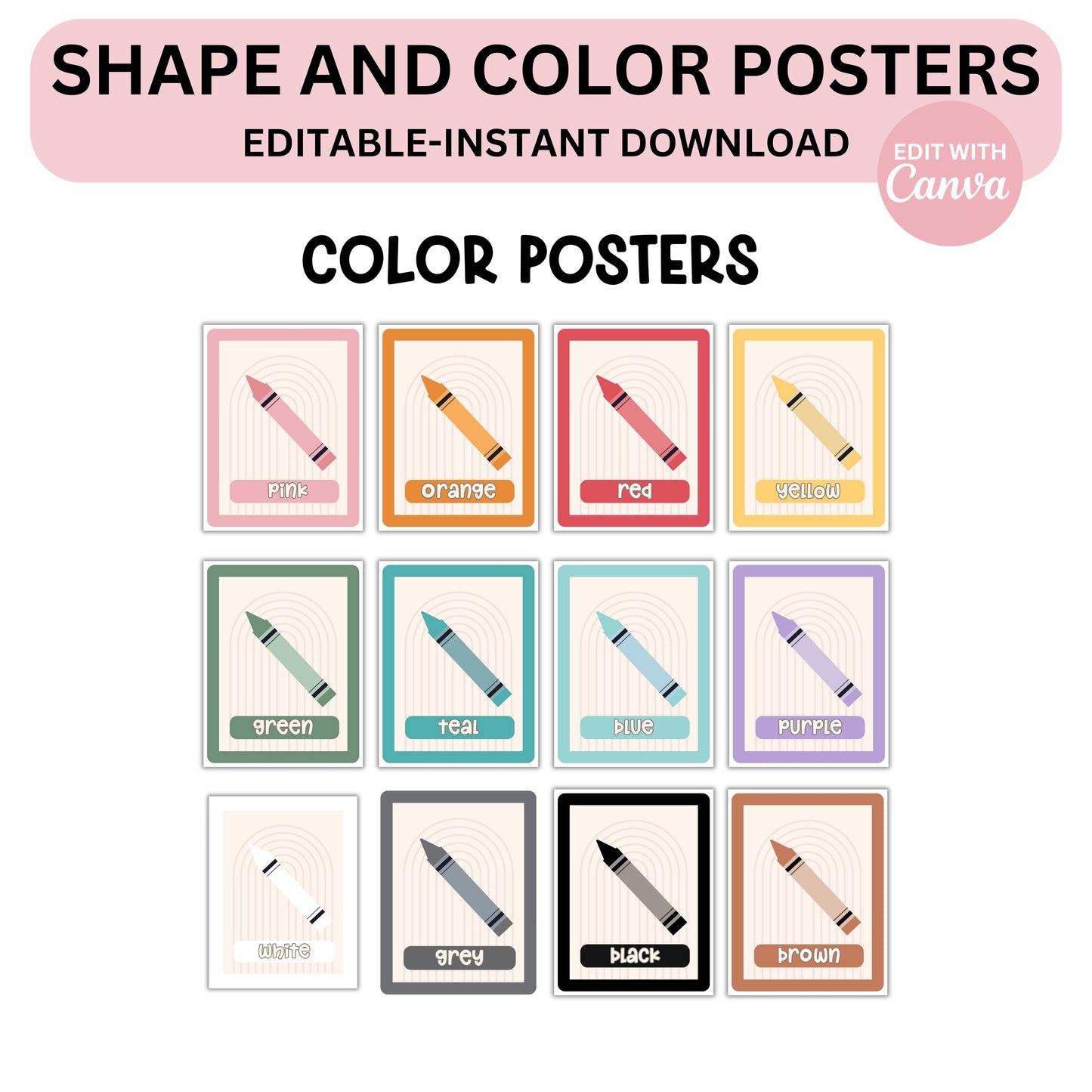 Classroom Shapes and Colors Printable Display | Editable Modern Boho Bulletin Board Decor | Canva Teacher Templates + PDFs