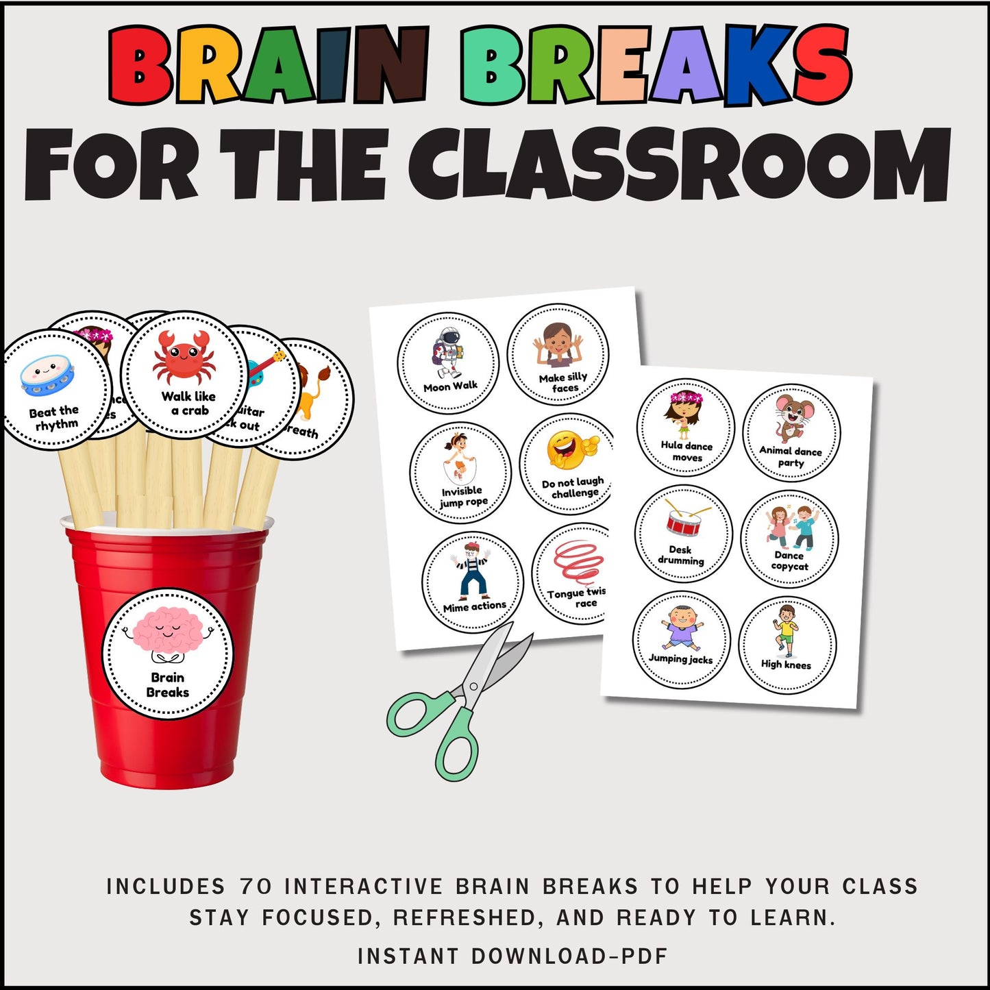70 Brain Break Cards for Kids | Printable Classroom Movement, Focus, Calm, and Activity Breaks for Teachers and Homeschool