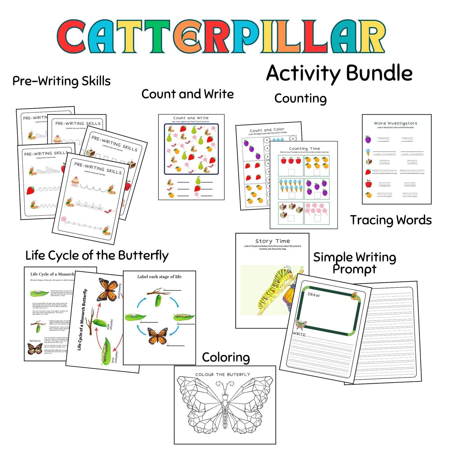Caterpillar Theme Learning Pack for Preschool & Kindergarten | Printable Literacy & Math Activities | Very Hungry Caterpillar Worksheets