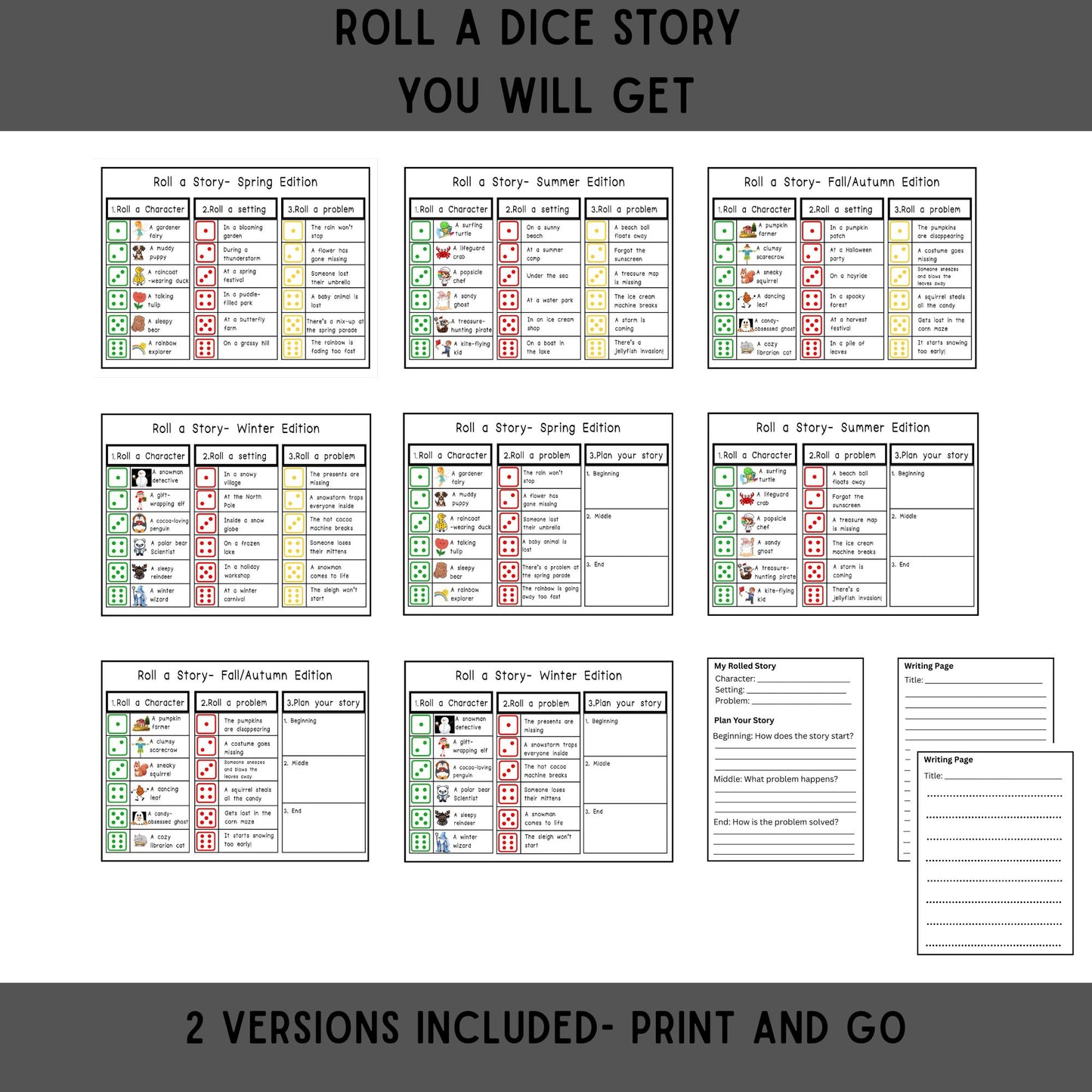 K–4 Writing Prompts Bundle | Sentence Building, Creative Writing, Picture Prompts, Color & Write, and Roll-a-Story Printable Activities