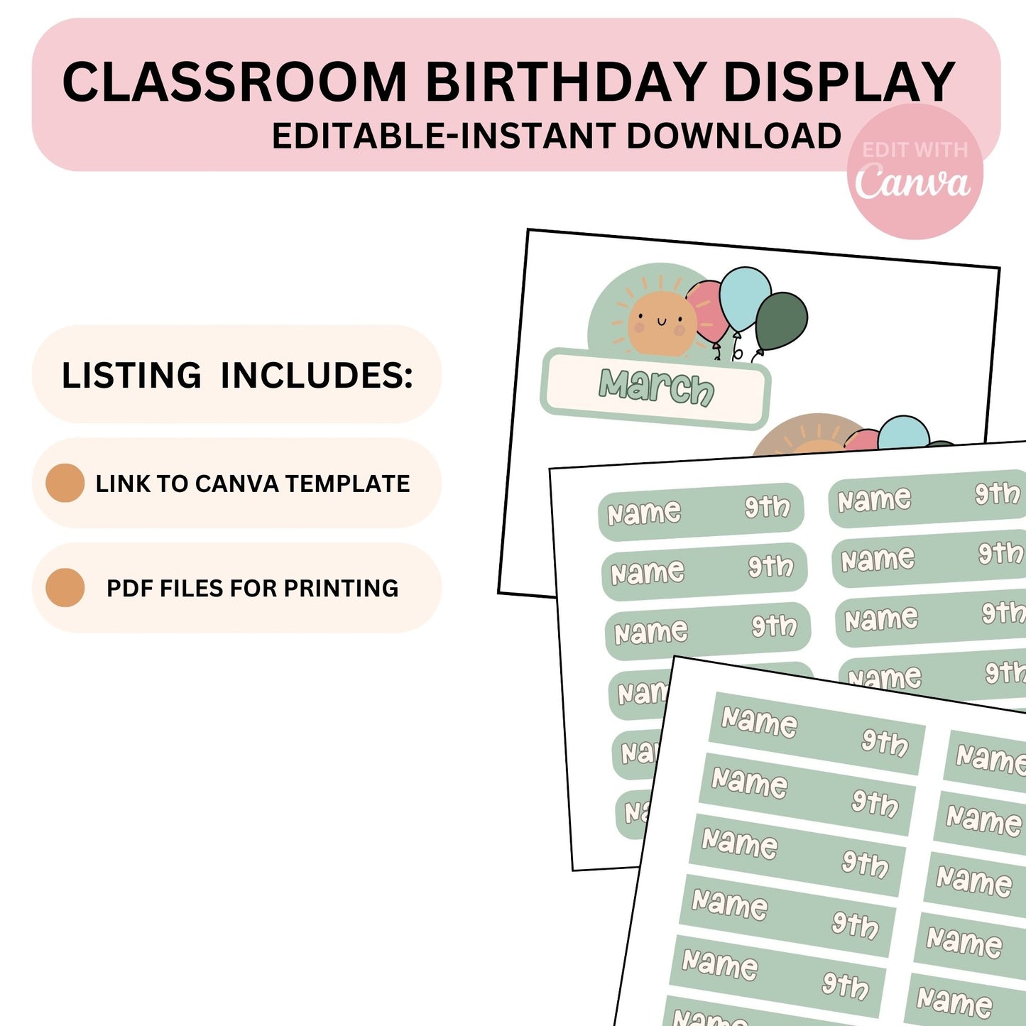 Classroom Birthday Printable Display Editable in Canva Boho Modern Classroom Management Decor PDFs + Teacher Templates Birthday Display