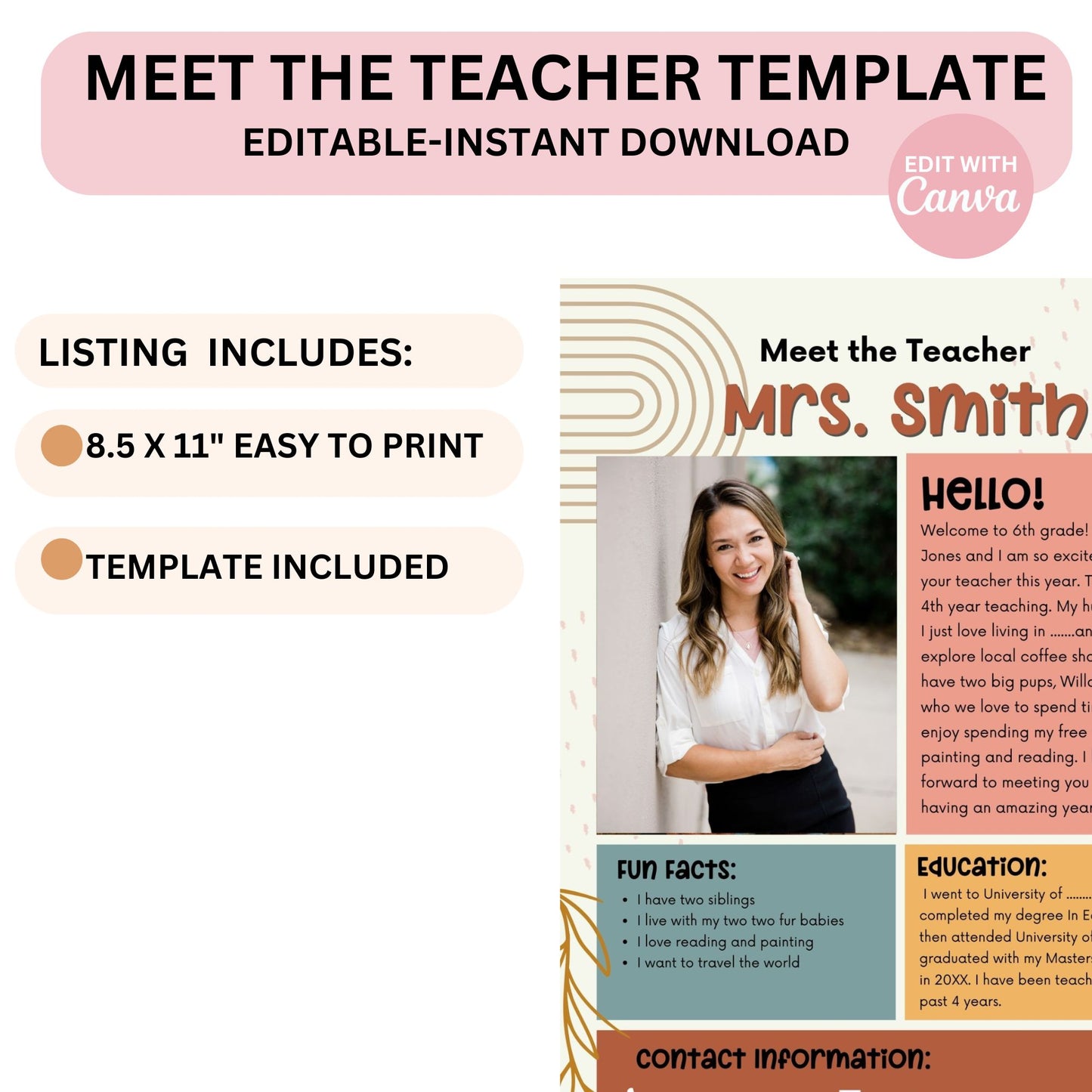Meet the Teacher Printable Template | Teacher Introduction Boho Classroom Design | Canva Editable Instant Download