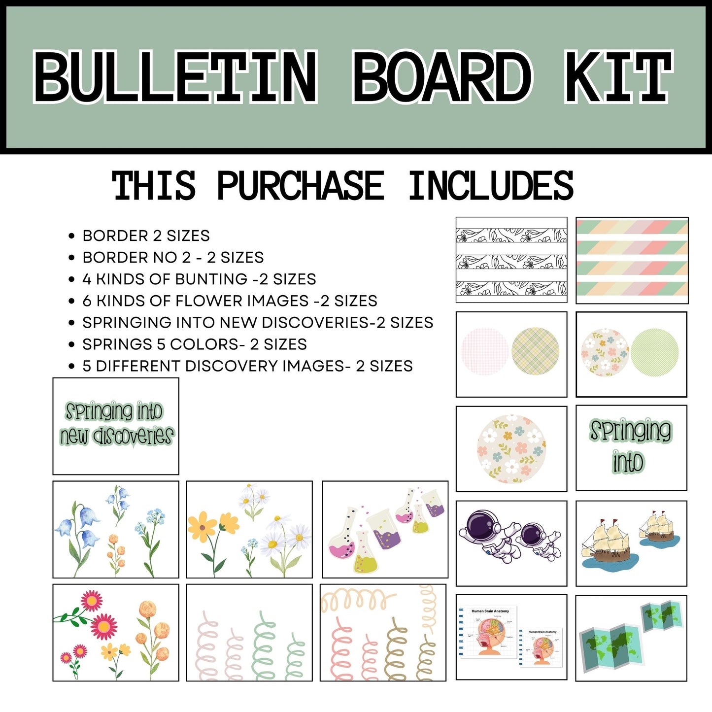 Spring Bulletin Board Kit | Springing into Discoveries | Borders, Bunting & Flowers Classroom & Door Decor for Spring Learning