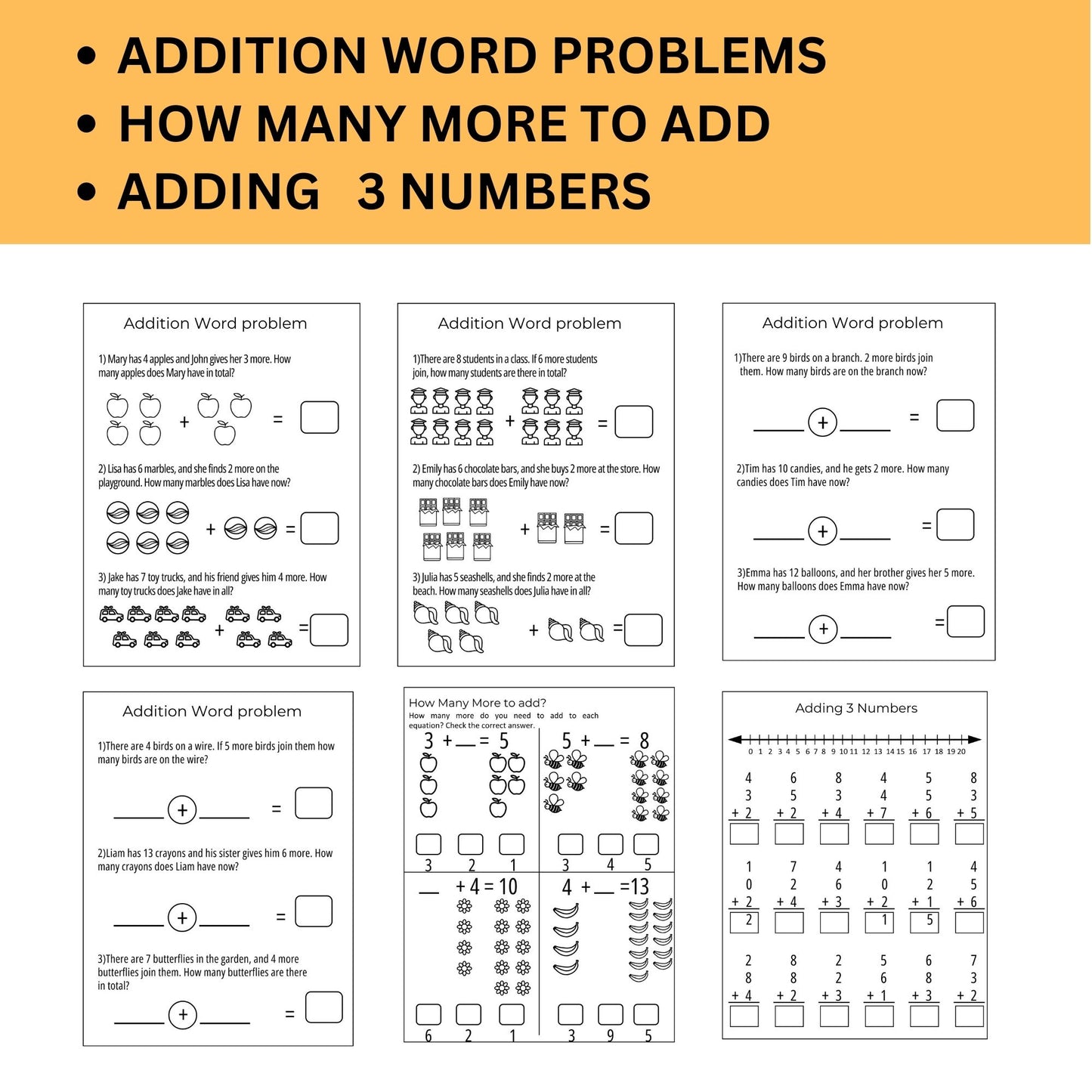 1st Grade Math Worksheets - Addition Practice | Kindergarten & Grade 1 Math Printable PDF | Instant Download