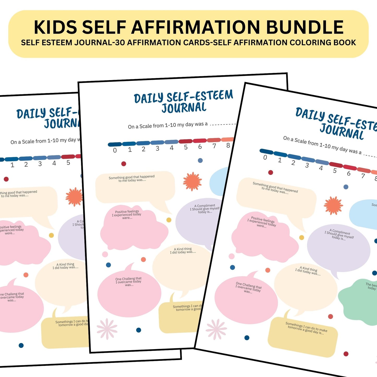 Self worth journal and cards bundle self esteem confidence kids self affirmation self identity mental health CBT affirmation coloring kids