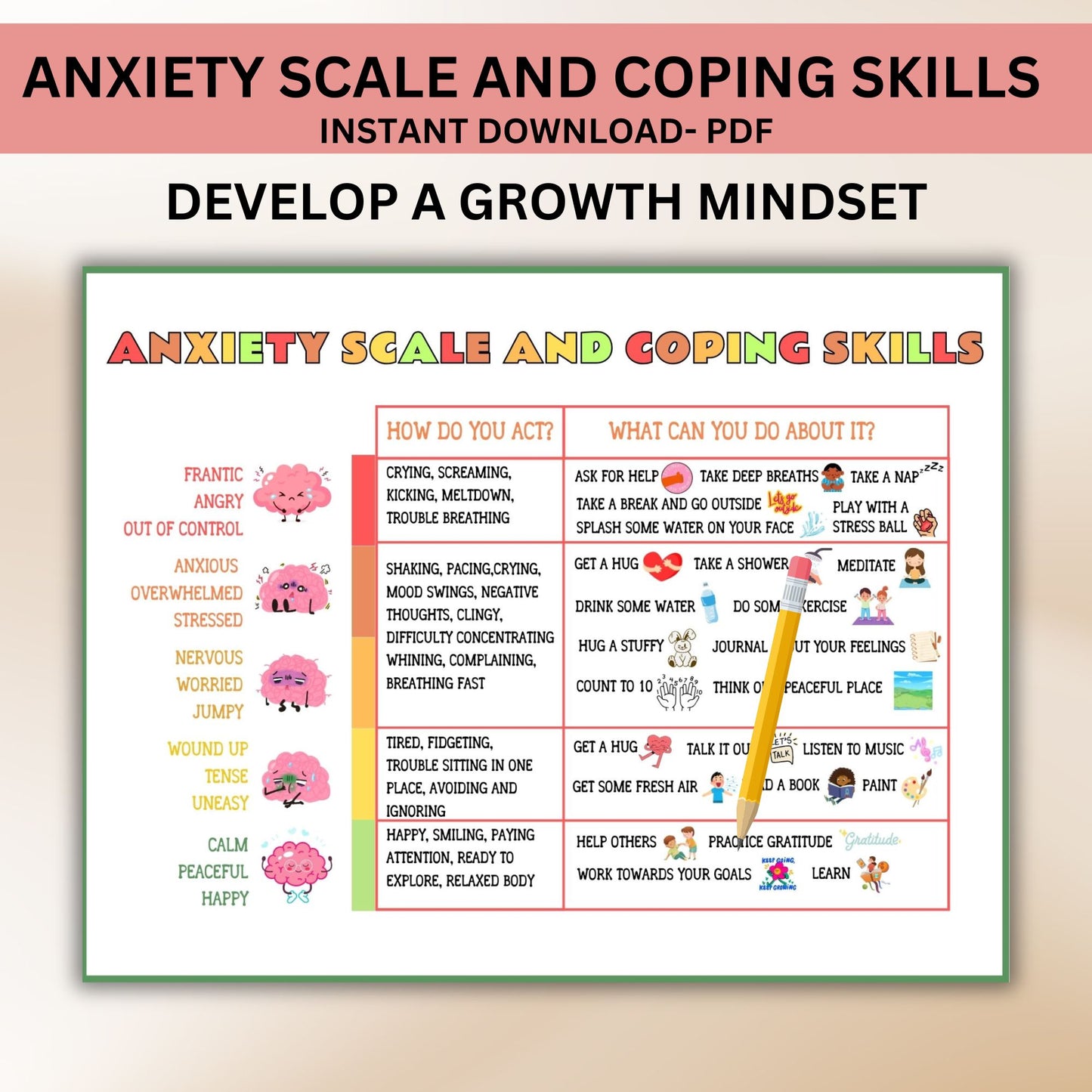 Anxiety Coping Skills for Kids and Teens - Stress Relief Printable, Grounding Techniques, Anxious Feelings Scale, Therapy & Mental Health Activities for Children