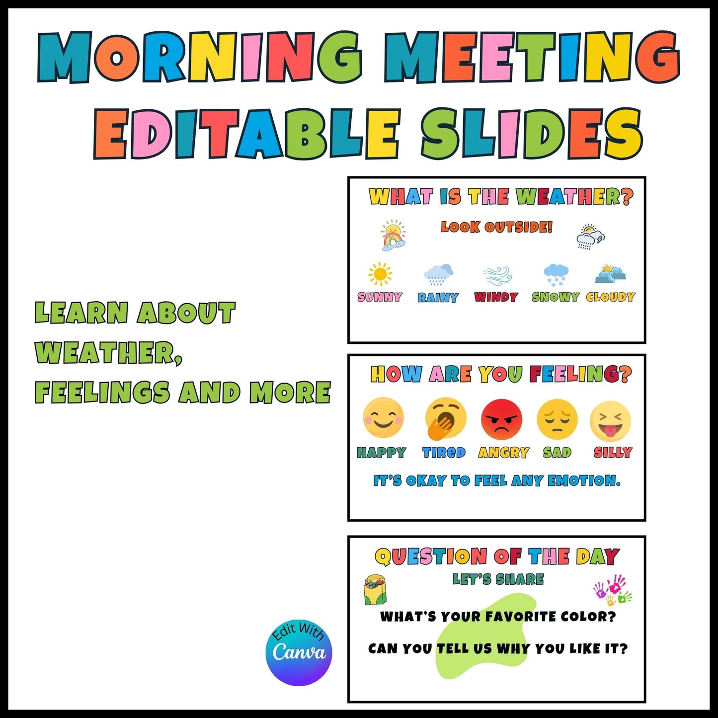Morning Meeting Slides for Teachers – Editable Canva Template for Preschool and Elementary Classrooms