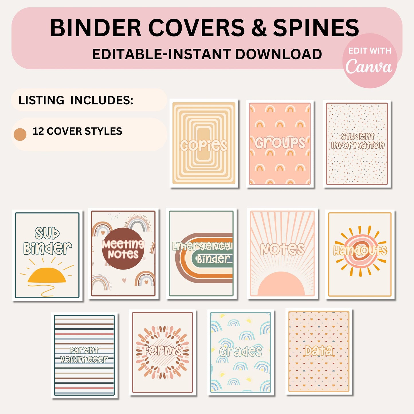 Editable Classroom Binder Covers & Spines | Modern Boho Teacher Organization | Canva Templates PDF | Binder Cover Printables