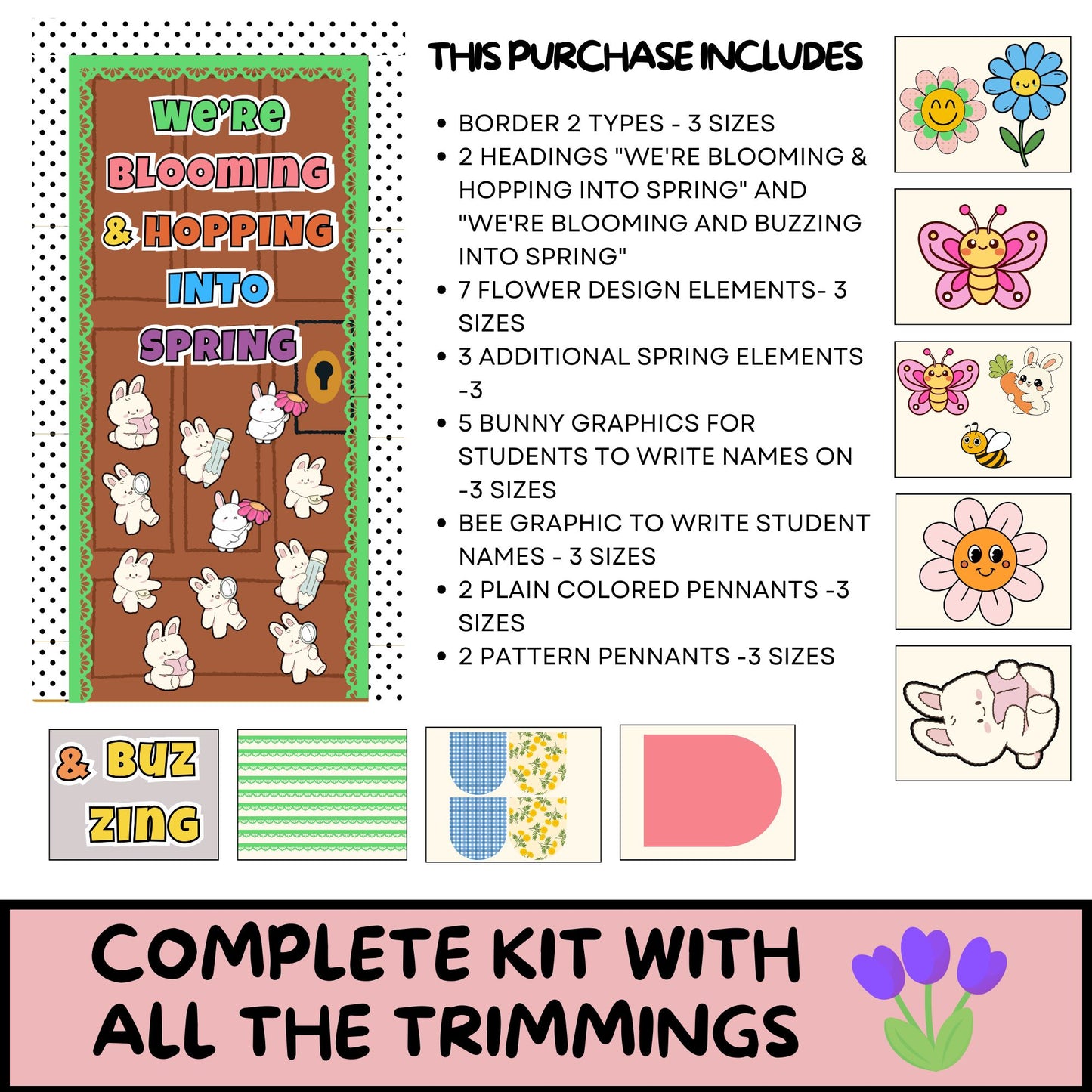 We’re Blooming Into Spring Bulletin Board Kit | Bunny & Bee Classroom Decor | Editable Canva Spring Bulletin Board for Teachers