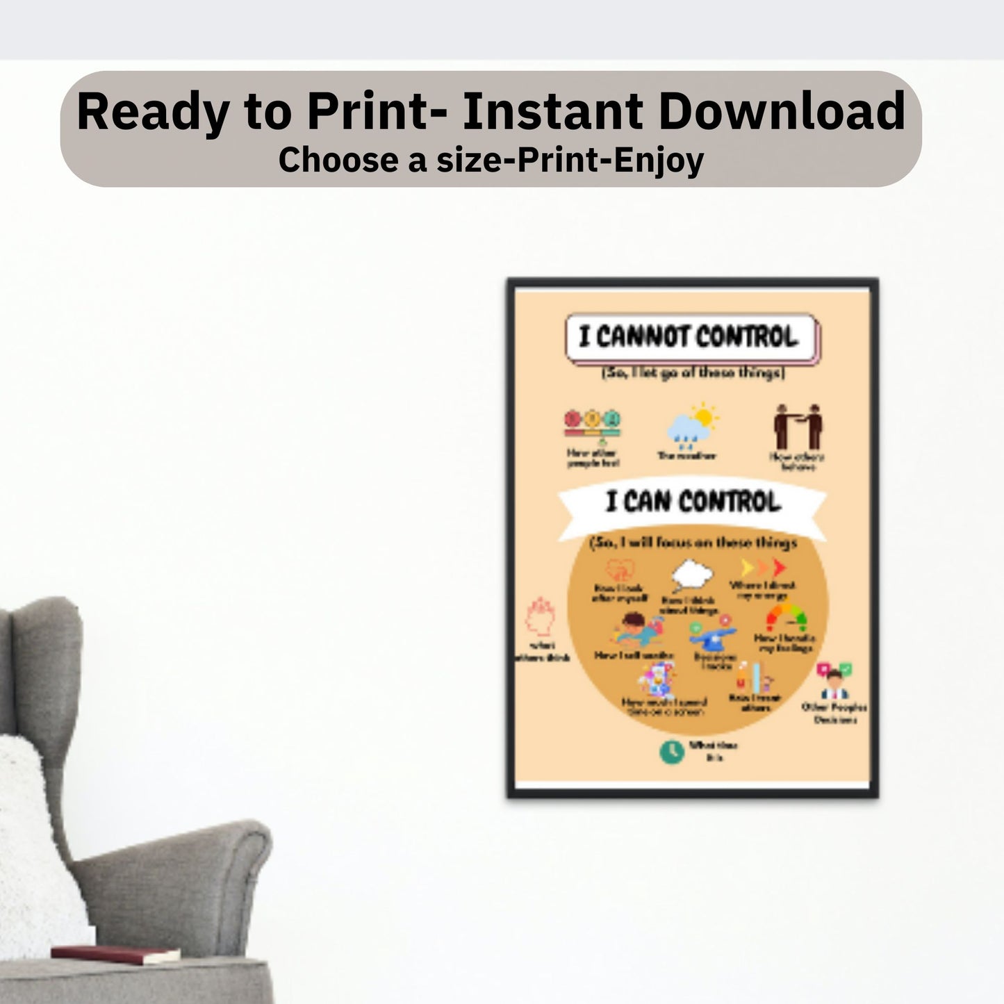 Things I Can & Cannot Control Poster – Therapy Office Wall Art | Mental Health Poster | Calm Down Corner | School Counselor Classroom Decor