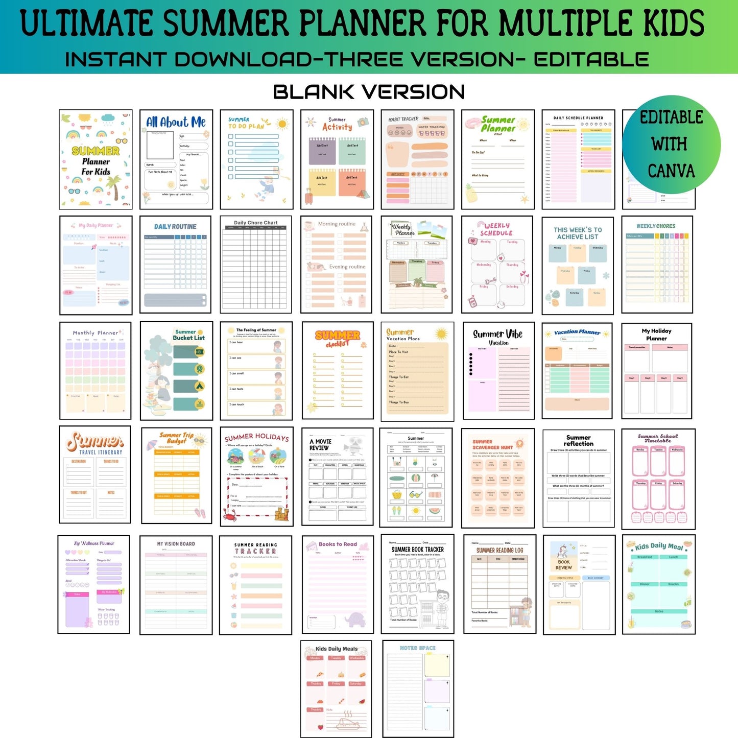 Printable Editable Summer Planner Bundle | Summer Calendar, Checklist & Chore Chart for Multiple Kids