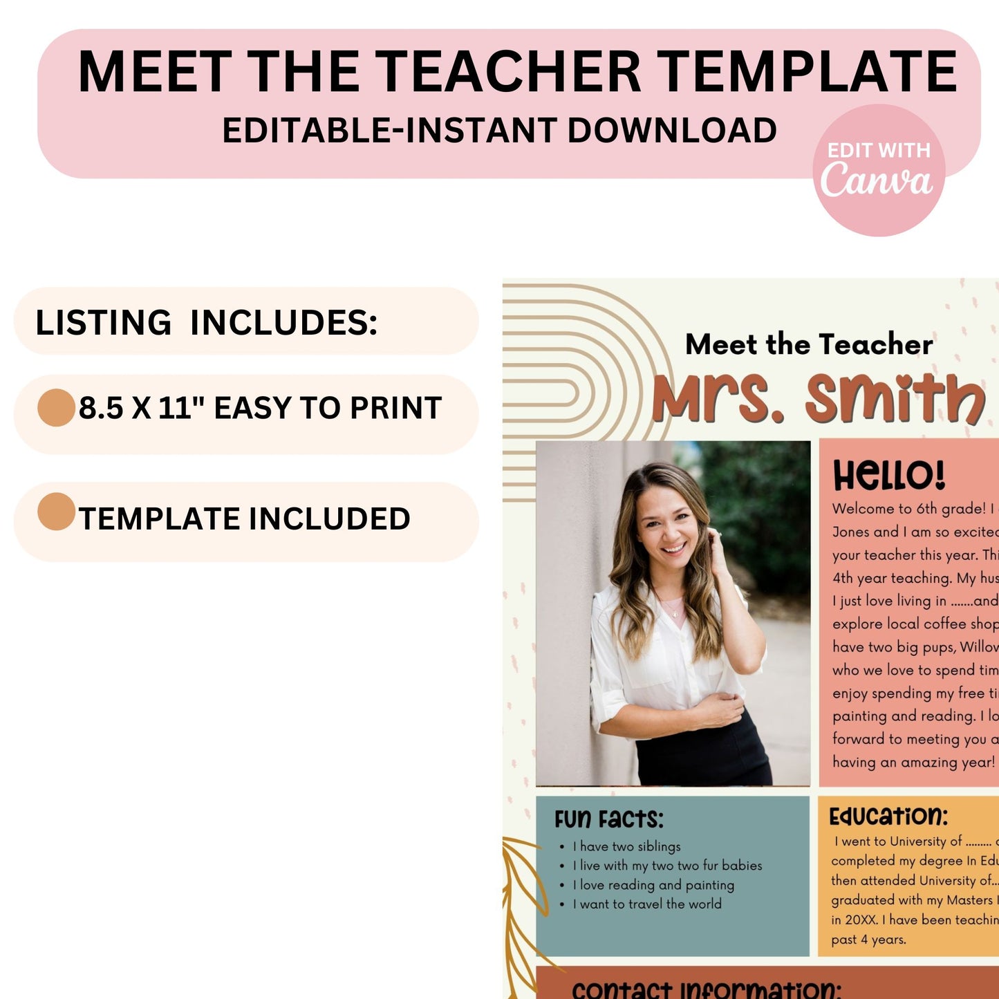 Meet the Teacher Printable Template | Teacher Introduction Boho Classroom Design | Canva Editable Instant Download