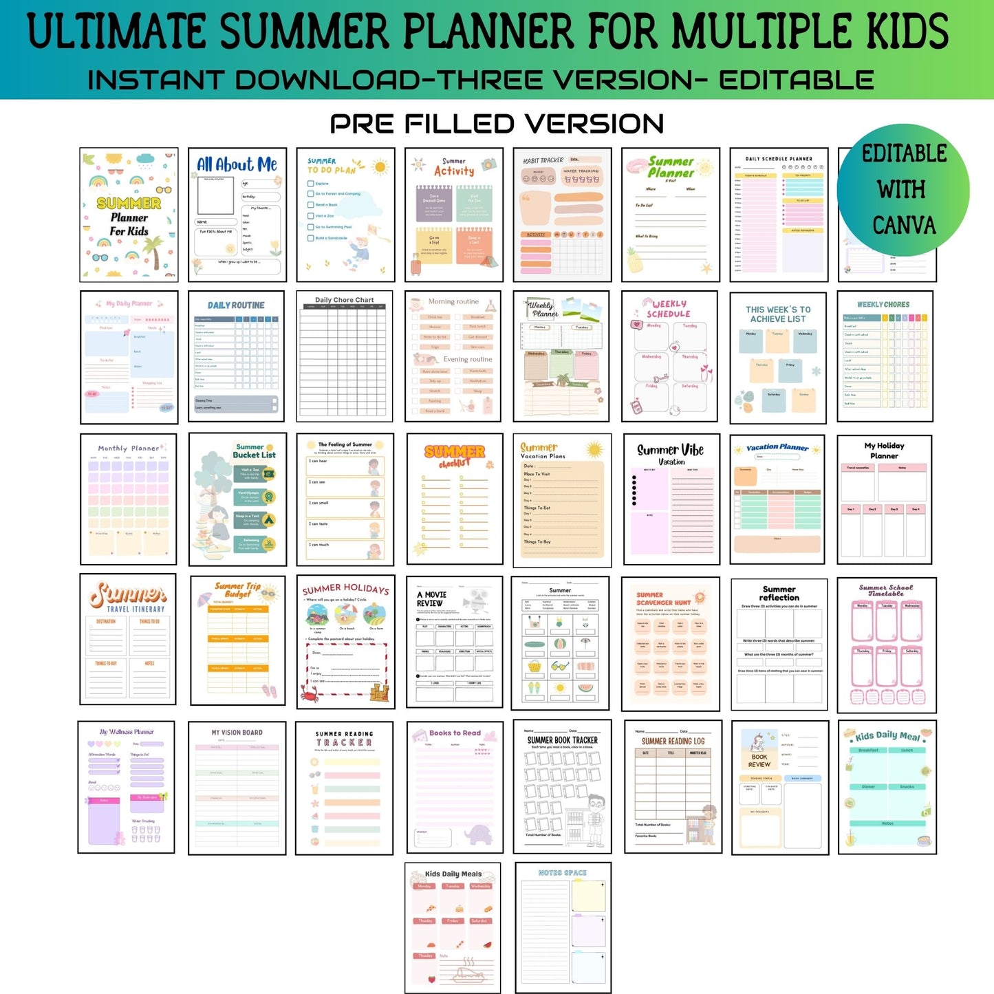 Printable Editable Summer Planner Bundle | Summer Calendar, Checklist & Chore Chart for Multiple Kids