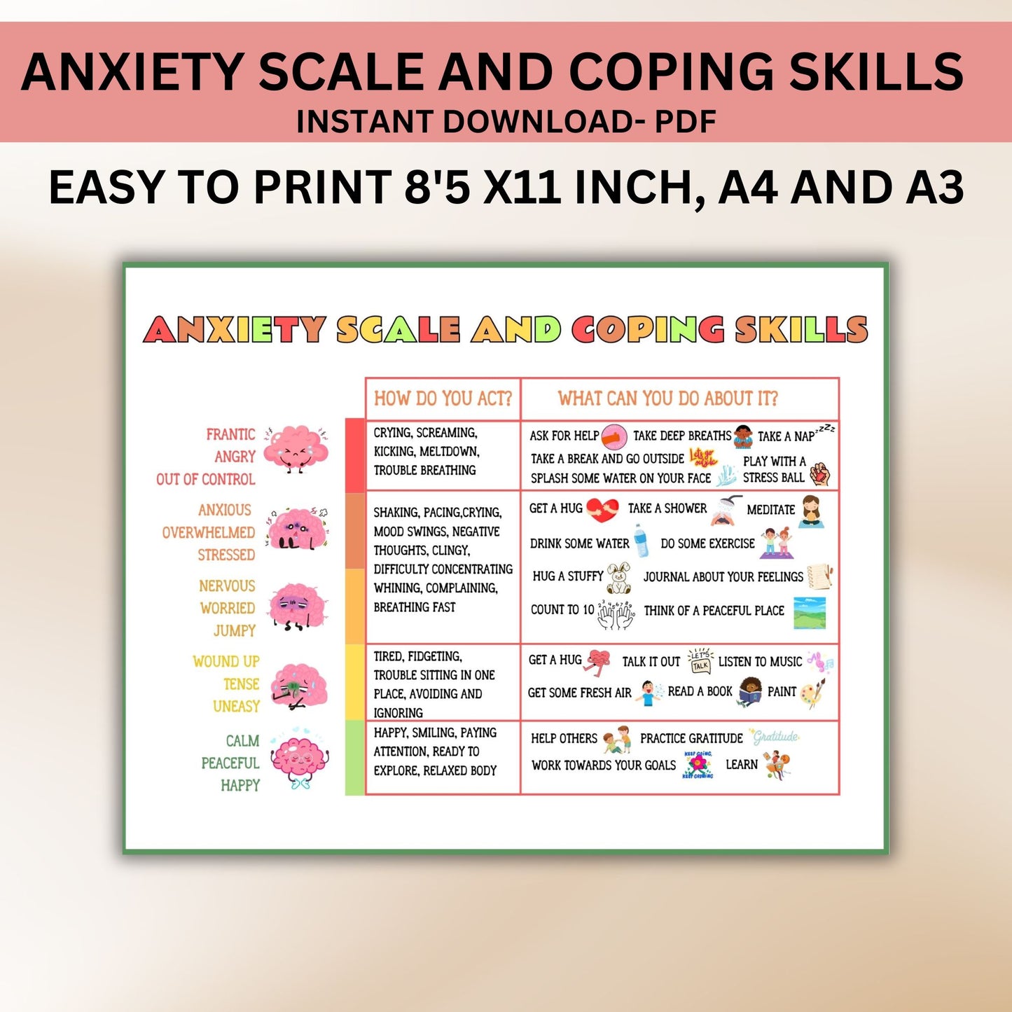 Anxiety Coping Skills for Kids and Teens - Stress Relief Printable, Grounding Techniques, Anxious Feelings Scale, Therapy & Mental Health Activities for Children