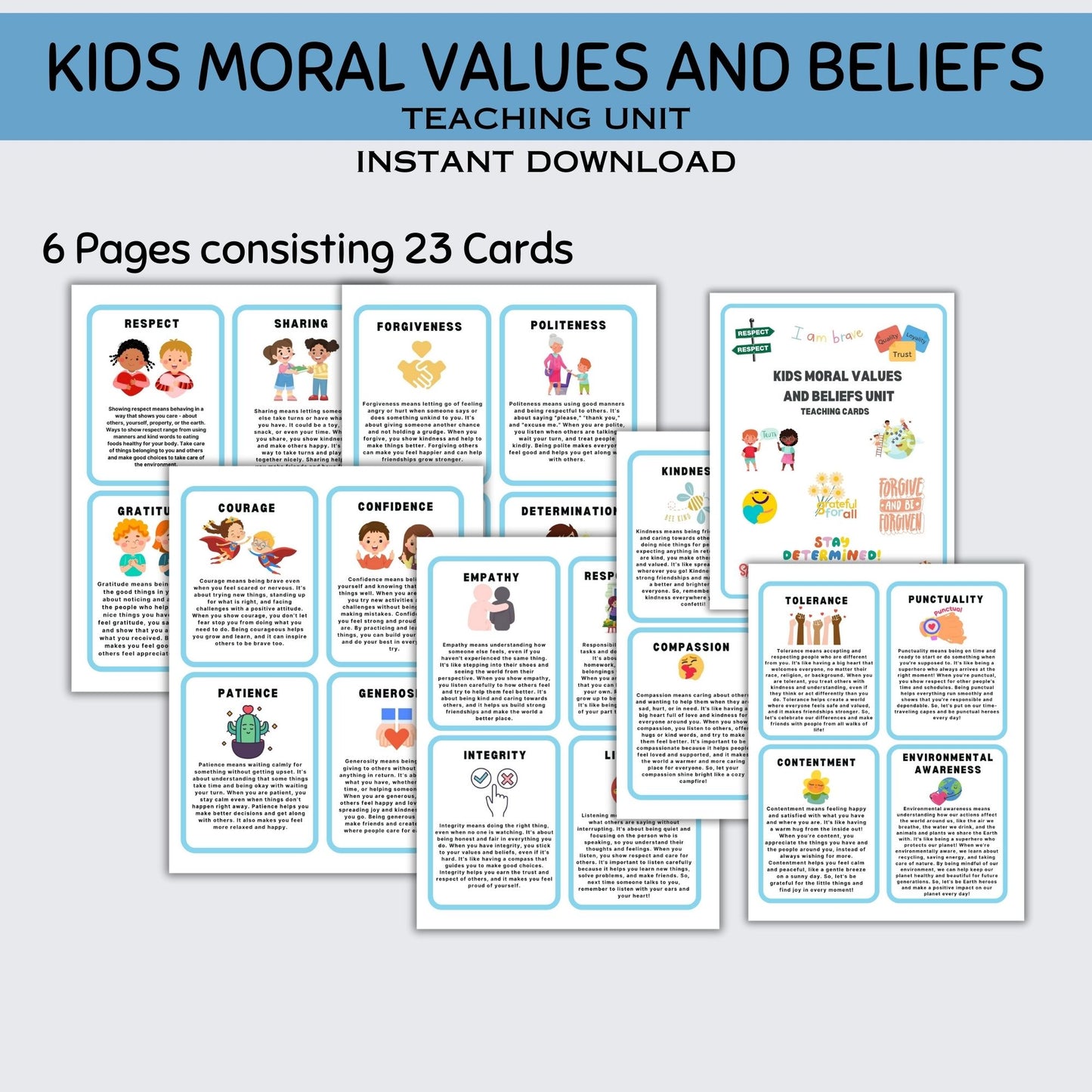 23 Kids Morals and Beliefs Flashcards – Teach Values Like Respect, Kindness, Gratitude, and More!
