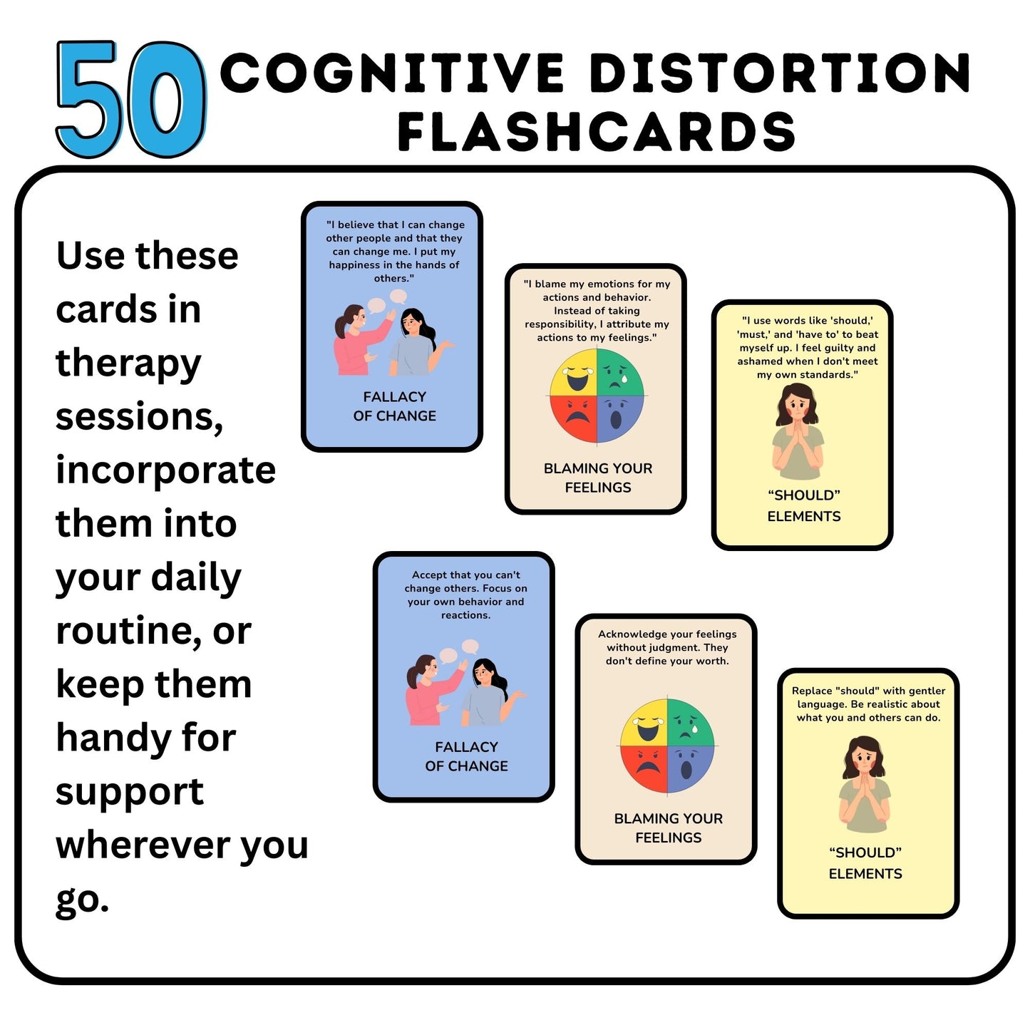 Cognitive Distortion Cards – CBT Therapy Cards for Cognitive Behavioral Therapy, Cognitive Biases, Mental Health Worksheets, Therapy Tools