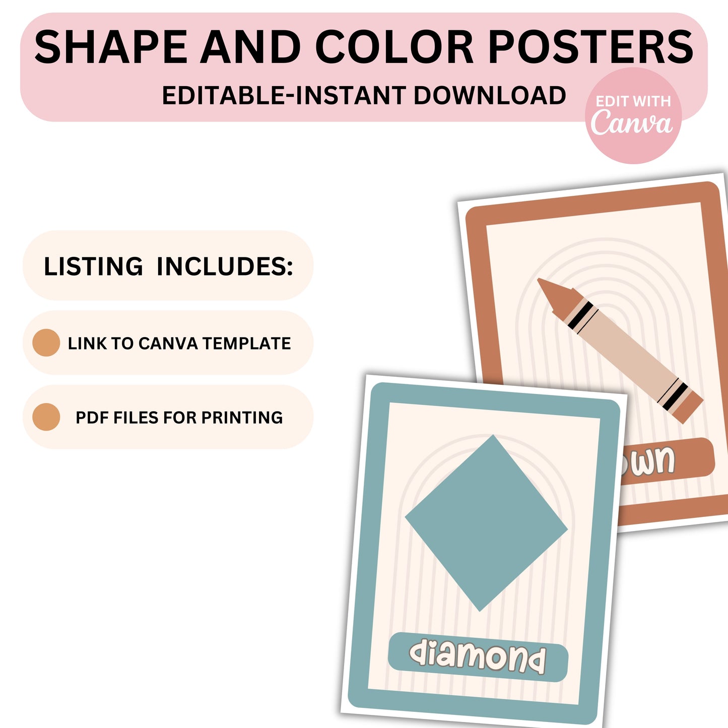 Classroom Shapes and Colors Printable Display | Editable Modern Boho Bulletin Board Decor | Canva Teacher Templates + PDFs