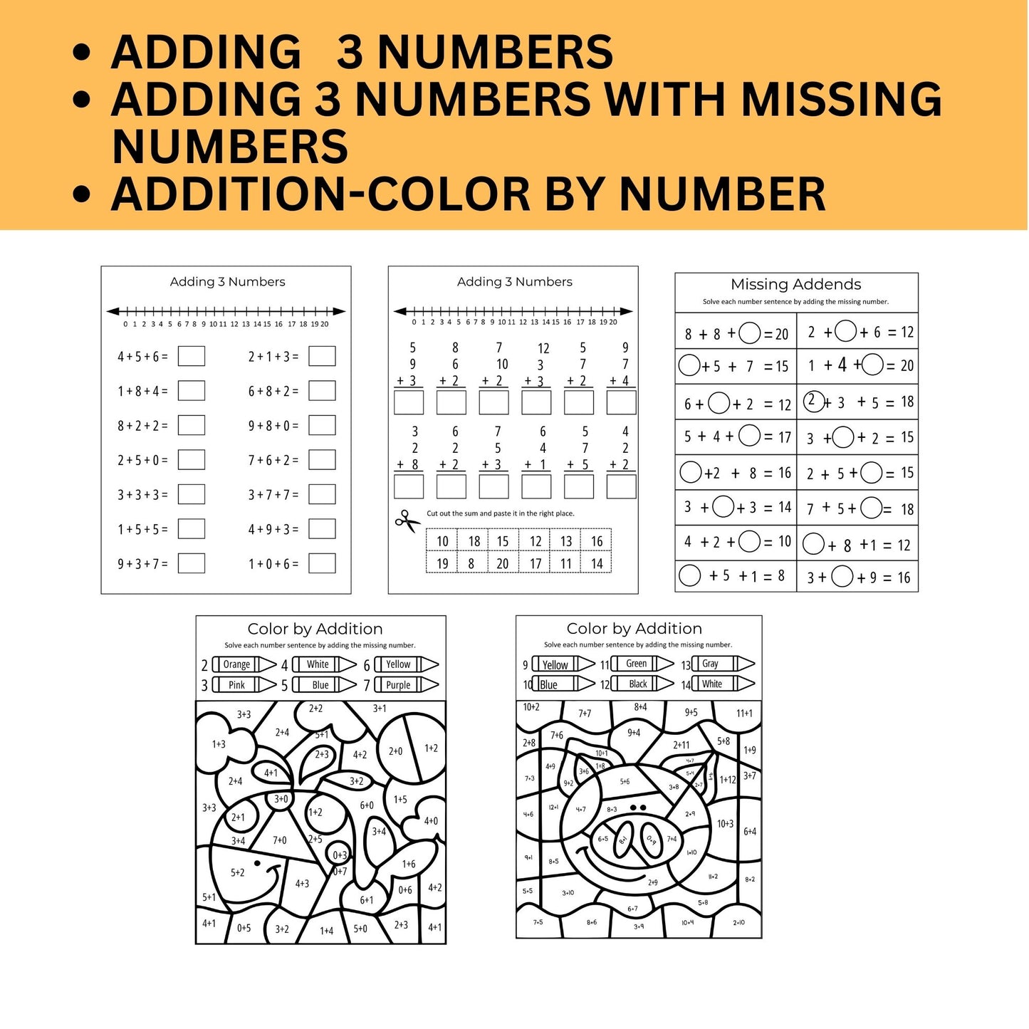 1st Grade Math Worksheets - Addition Practice | Kindergarten & Grade 1 Math Printable PDF | Instant Download