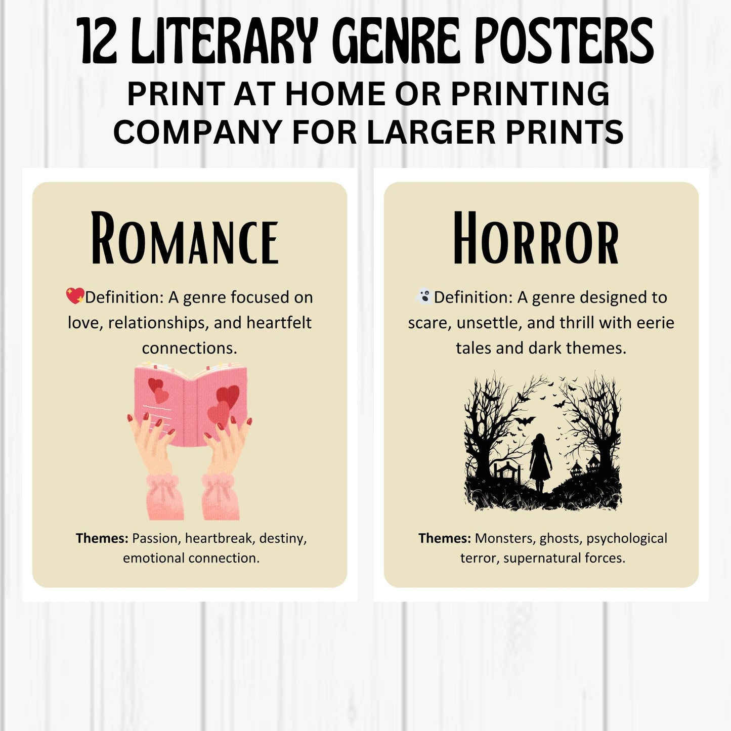 Literary Genres Poster Bundle for Classroom and Library | 12 Genre Posters with Definitions and Themes