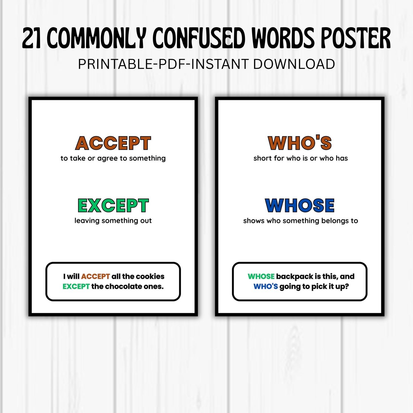 21 Commonly Confused Words Posters | Grammar Anchor Charts for Elementary Classroom and Homeschool
