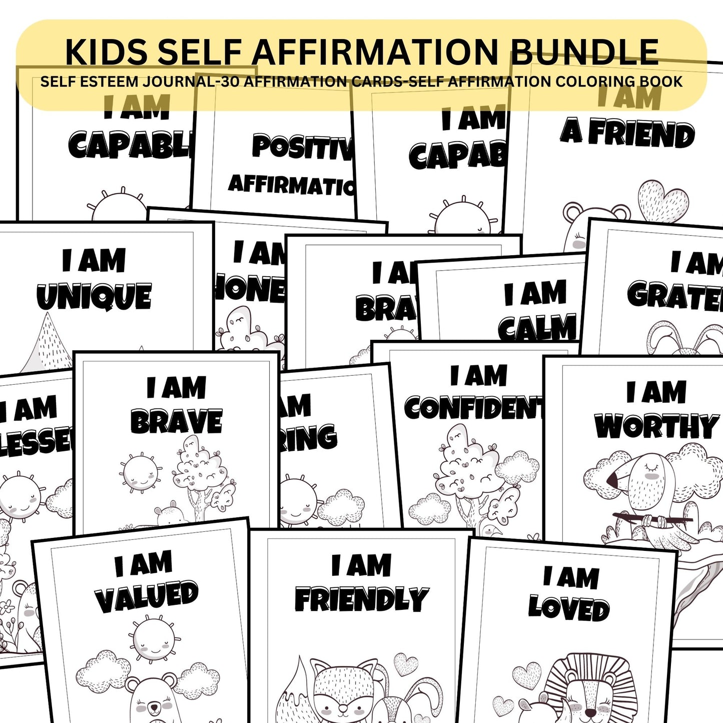 Self worth journal and cards bundle self esteem confidence kids self affirmation self identity mental health CBT affirmation coloring kids