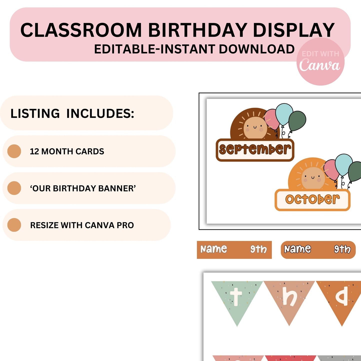 Classroom Birthday Printable Display Editable in Canva Boho Modern Classroom Management Decor PDFs + Teacher Templates Birthday Display