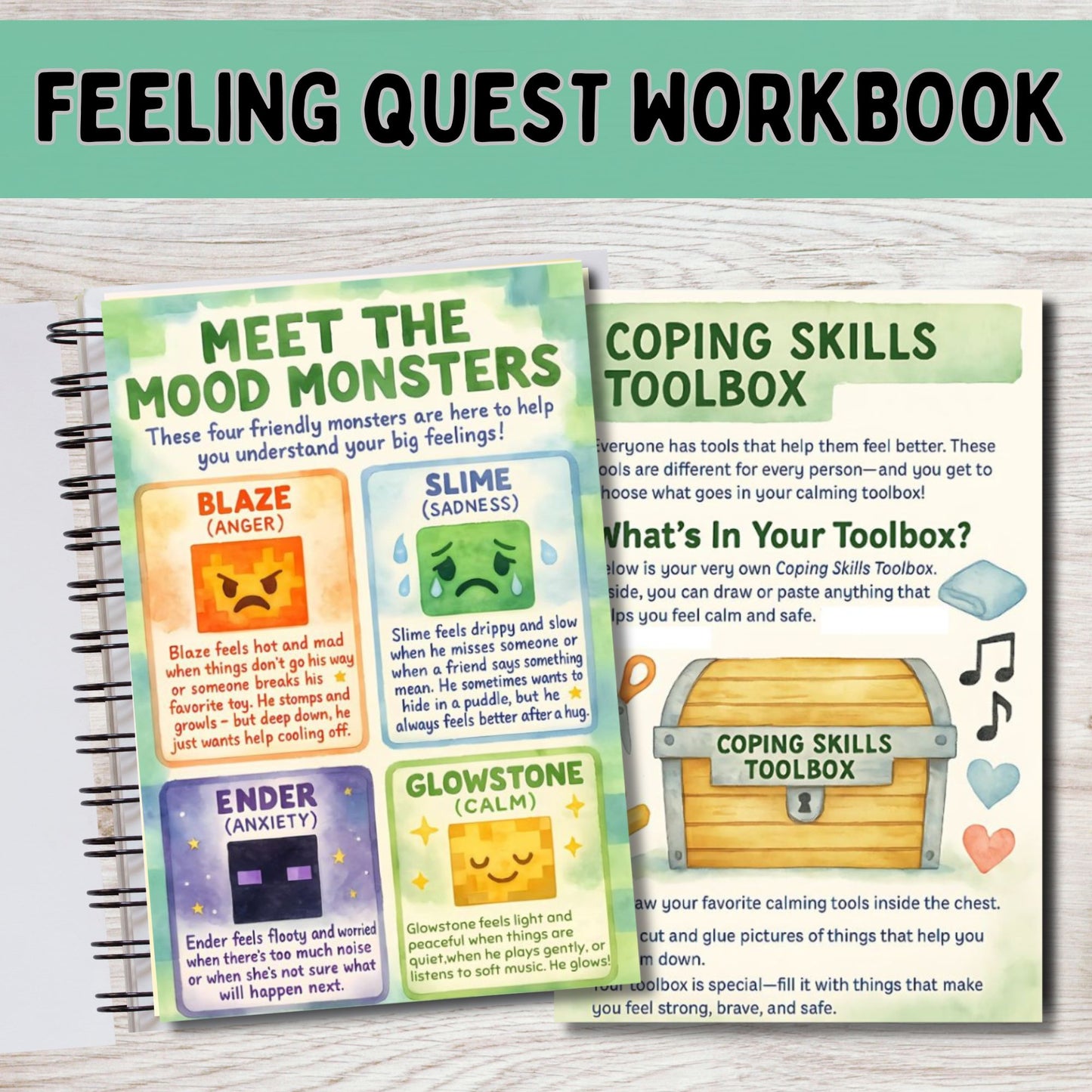 Feeling Quest SEL Workbook for Kids | Emotional Regulation, Mood Monsters, Feelings Chart, Coping Skills, Calm Down Activities & Social Emotional Learning Printables