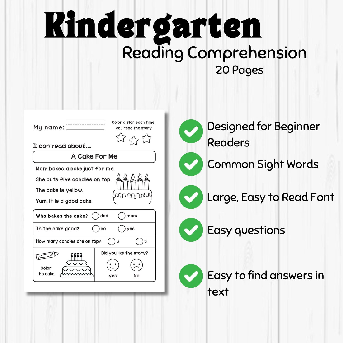 Reading Comprehension Pack for Beginner Readers 20 Worksheets Easy Text Multiple Choice Questions with Illustrations