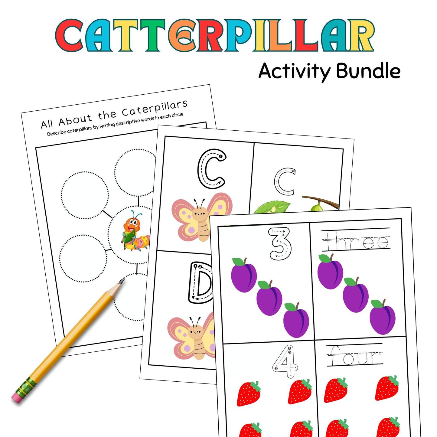 Caterpillar Theme Learning Pack for Preschool & Kindergarten | Printable Literacy & Math Activities | Very Hungry Caterpillar Worksheets