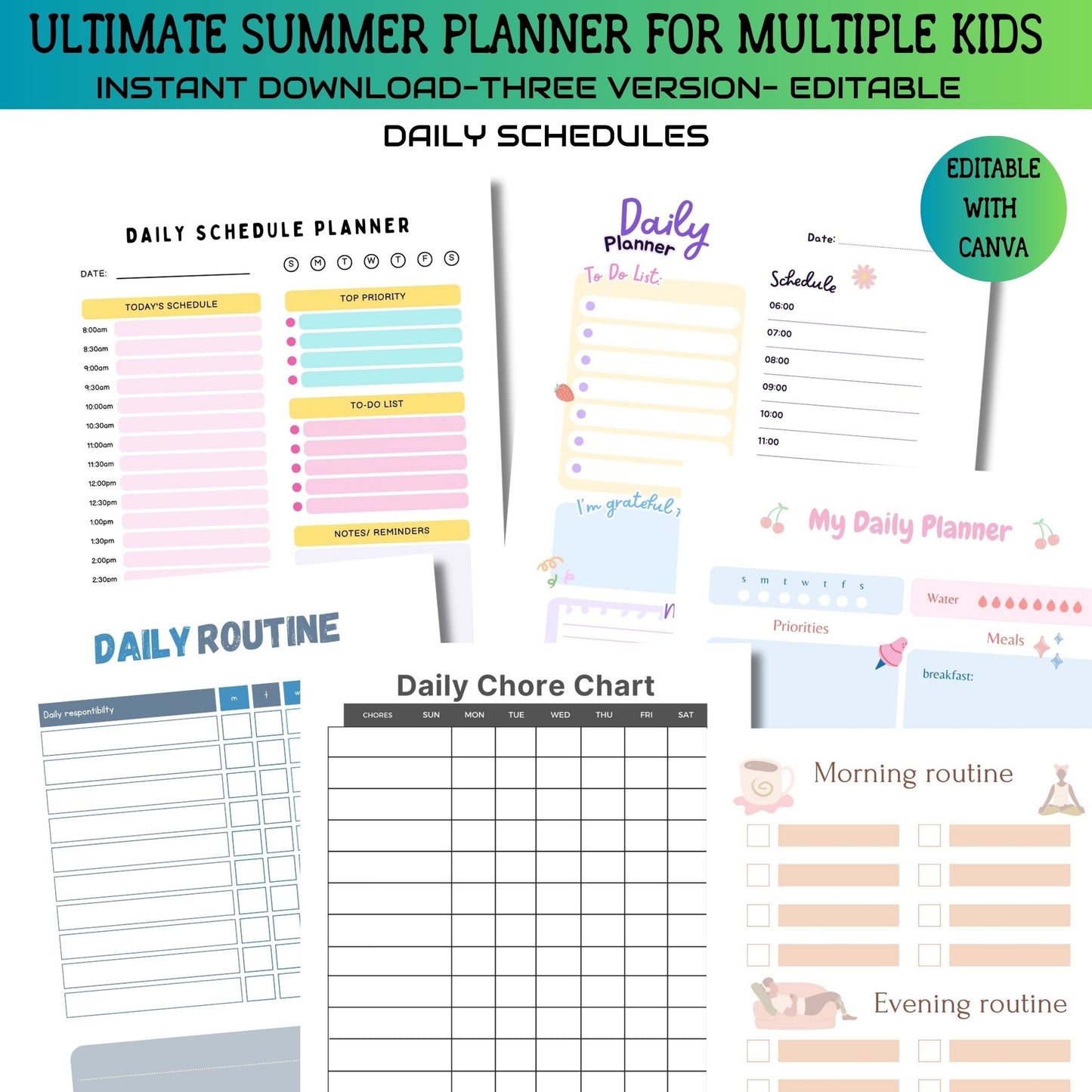 Printable Editable Summer Planner Bundle | Summer Calendar, Checklist & Chore Chart for Multiple Kids