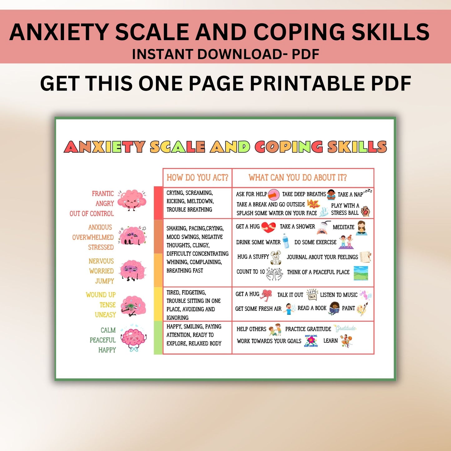 Anxiety Coping Skills for Kids and Teens - Stress Relief Printable, Grounding Techniques, Anxious Feelings Scale, Therapy & Mental Health Activities for Children
