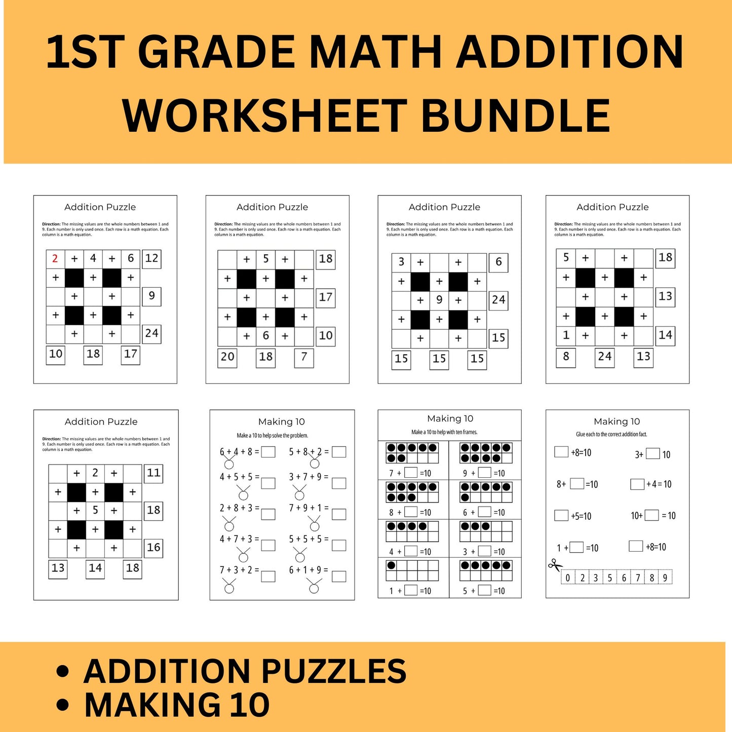 1st Grade Math Worksheets - Addition Practice | Kindergarten & Grade 1 Math Printable PDF | Instant Download
