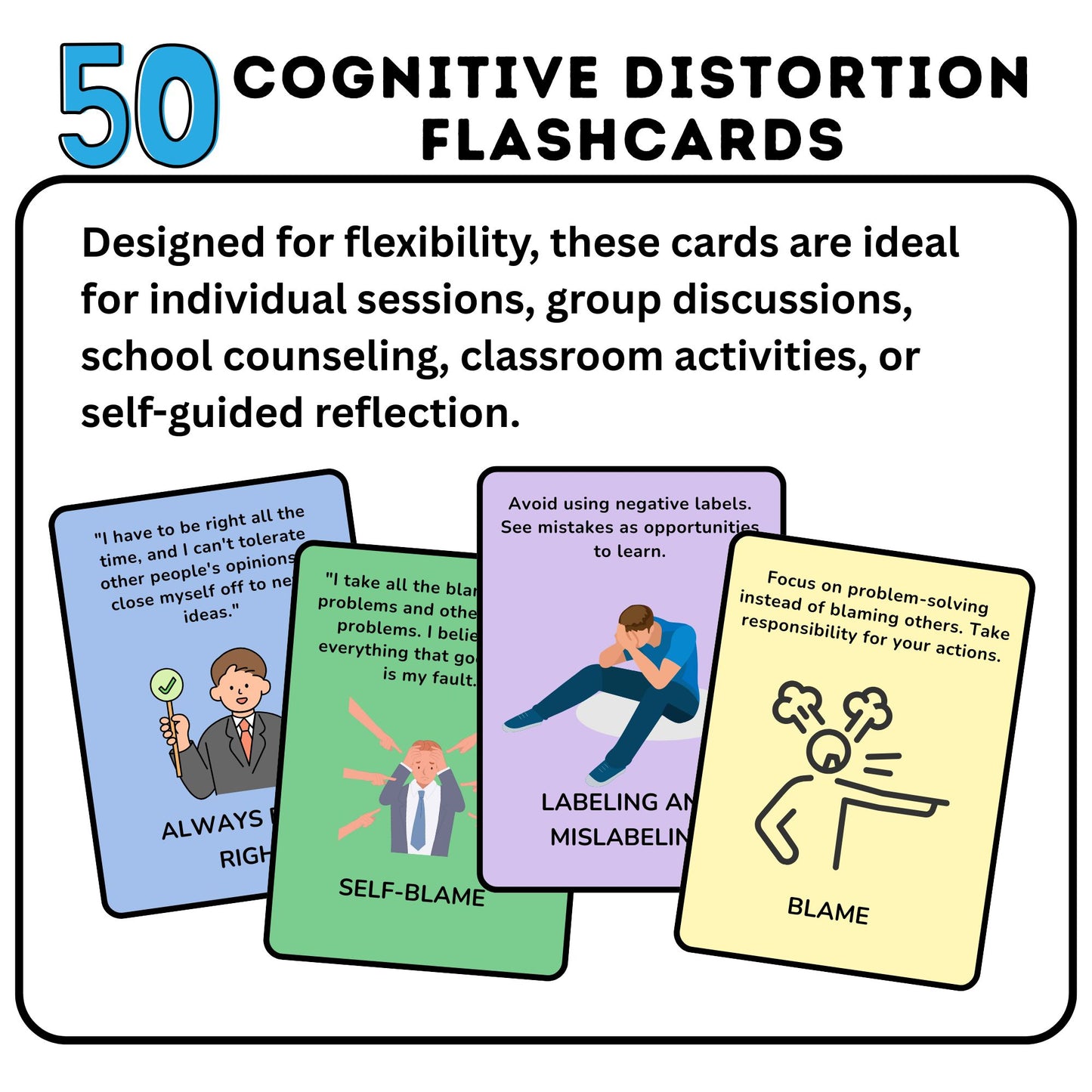 Cognitive Distortion Cards – CBT Therapy Cards for Cognitive Behavioral Therapy, Cognitive Biases, Mental Health Worksheets, Therapy Tools