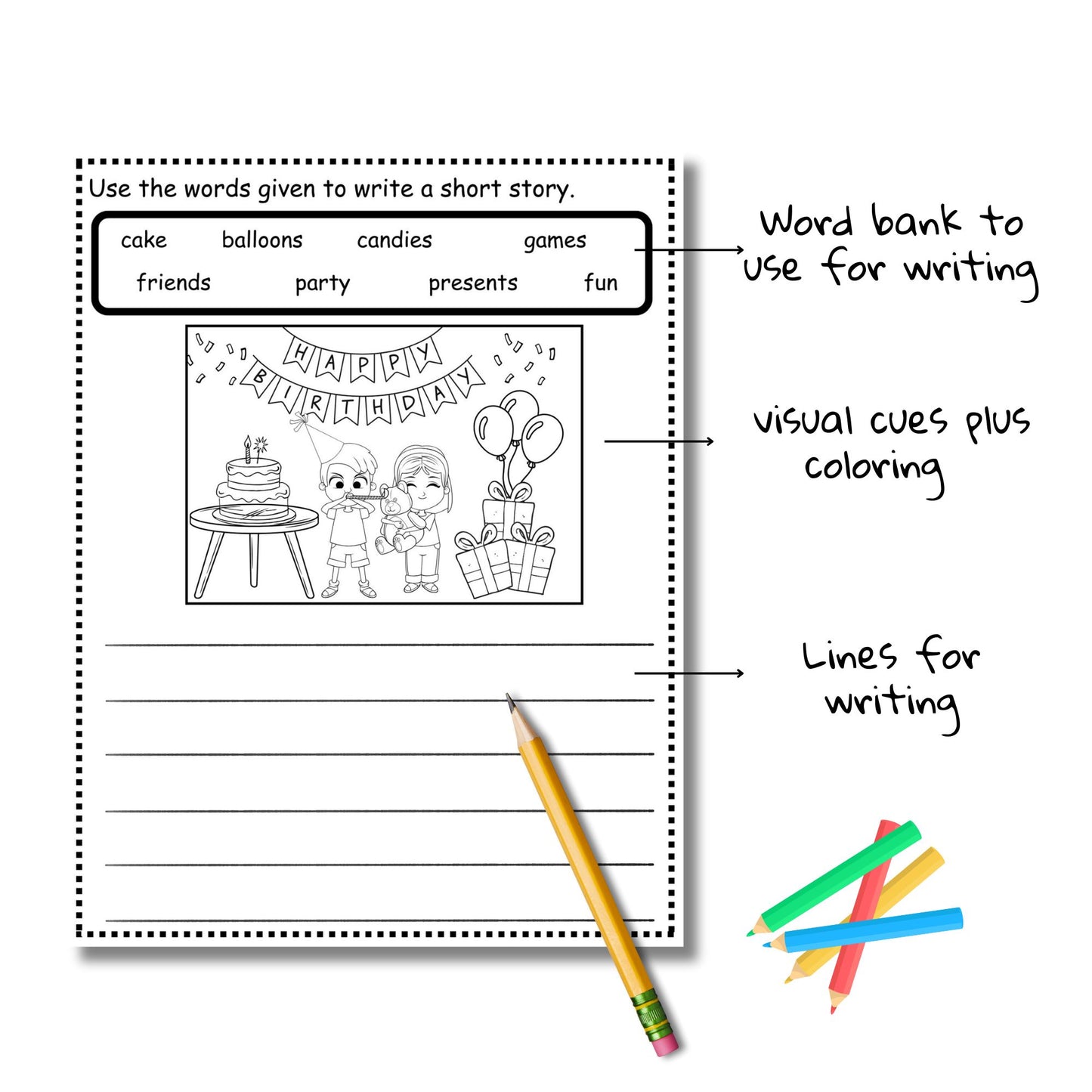 K–4 Writing Prompts Bundle | Sentence Building, Creative Writing, Picture Prompts, Color & Write, and Roll-a-Story Printable Activities