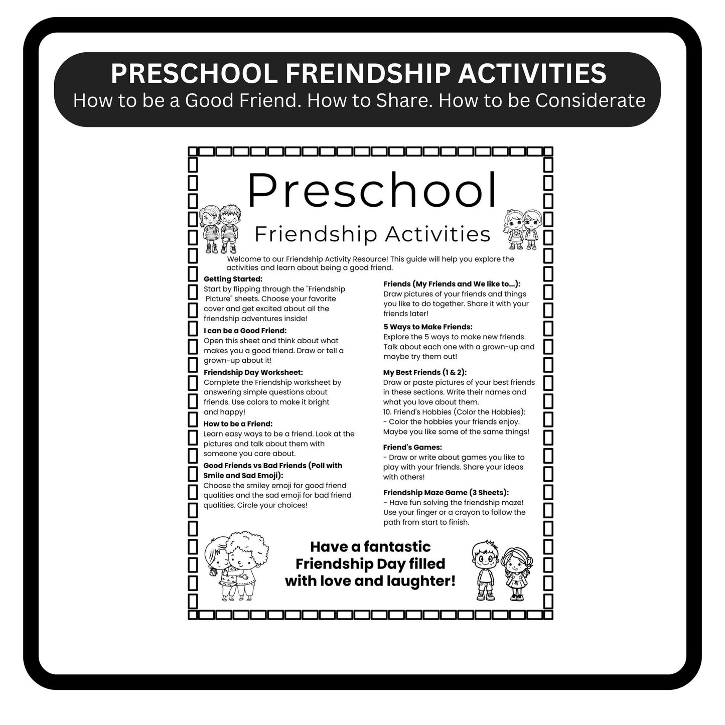 Friendship Skills Workbook & Social Skills Activities Bundle | Preschool, Kindergarten, Homeschool | Friendship Day Coloring & Writing Pages